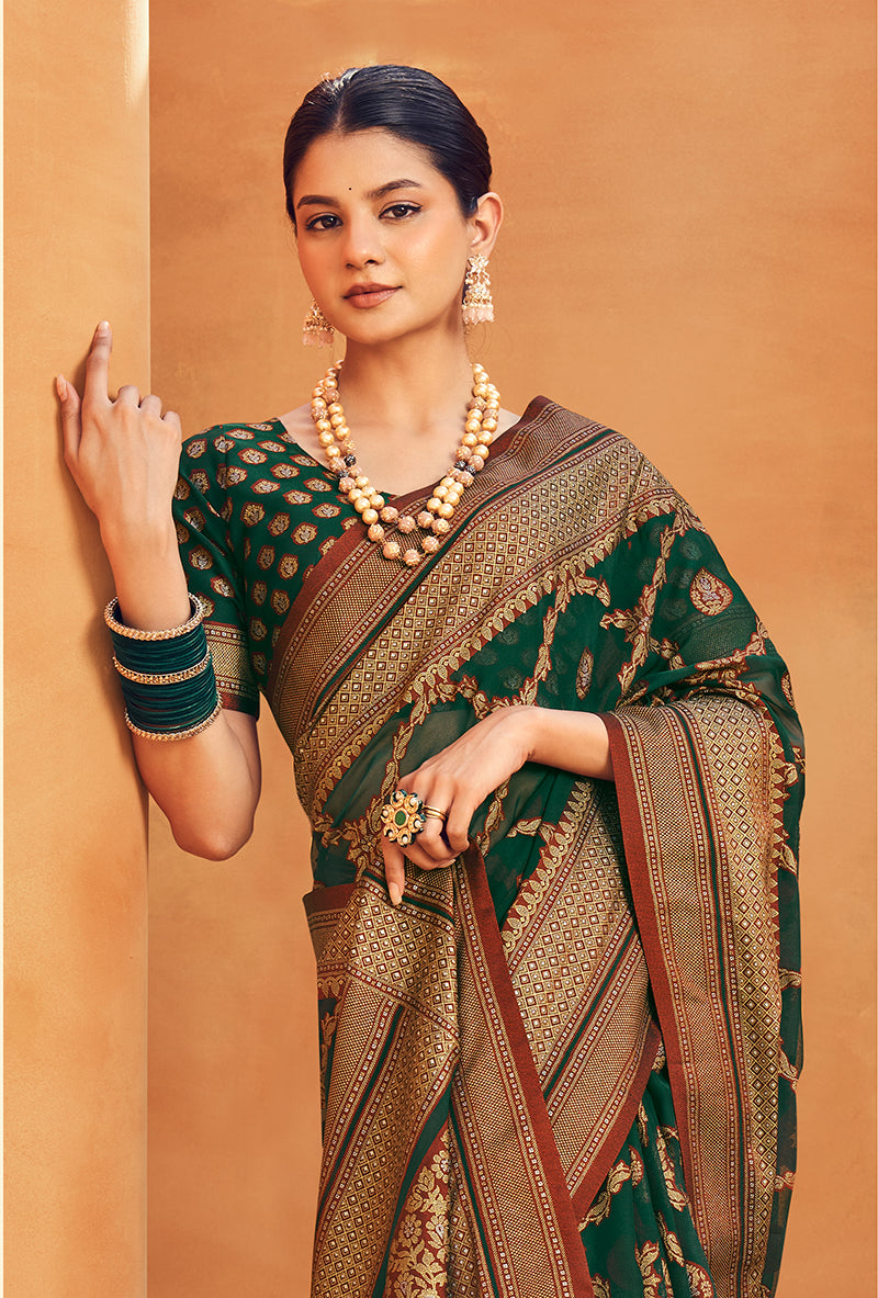 Dark Green Georgette Printed Zari Woven Saree