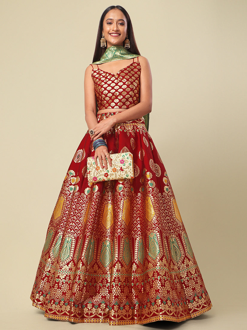 Maroon Jacquard Zari Woven Lehenga With Green Banarasi Dupatta