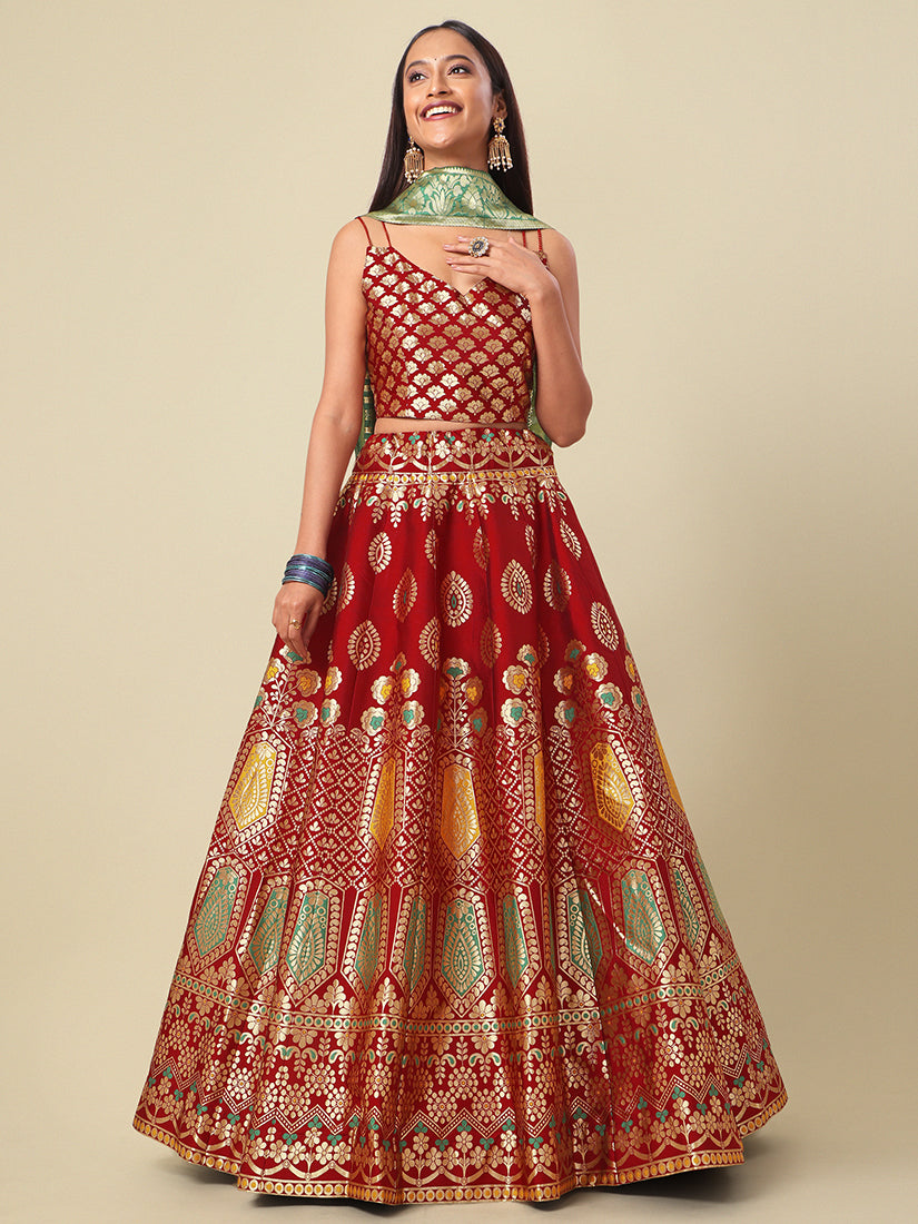 Maroon Jacquard Zari Woven Lehenga With Green Banarasi Dupatta