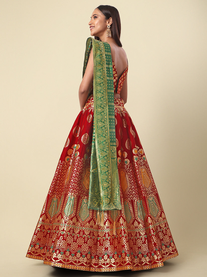 Maroon Jacquard Zari Woven Lehenga With Green Banarasi Dupatta