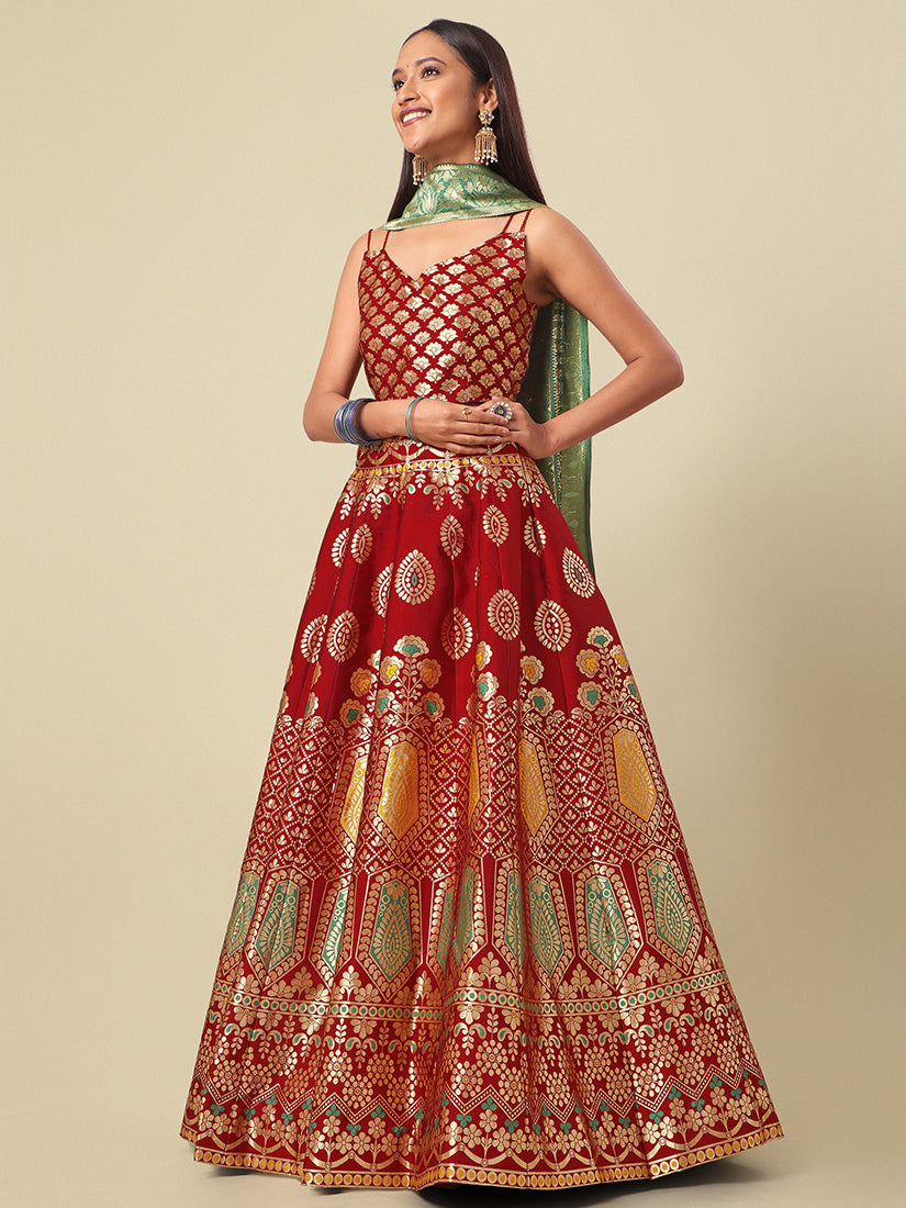Maroon Jacquard Zari Woven Lehenga With Green Banarasi Dupatta
