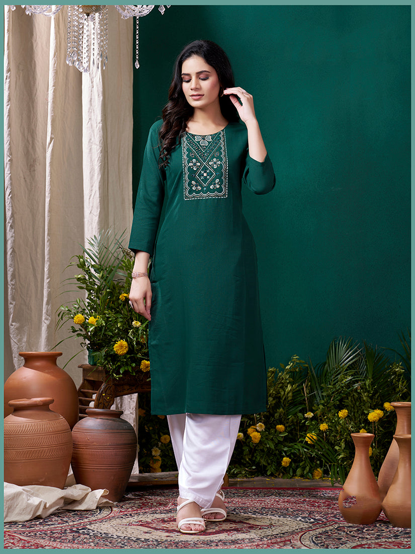 Dark Green Maaza Cotton Handwork with Pocket Causal Kurti