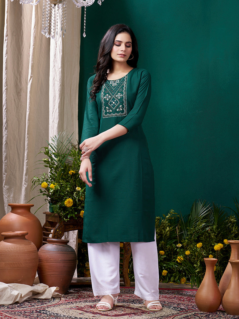 Dark Green Maaza Cotton Handwork with Pocket Causal Kurti