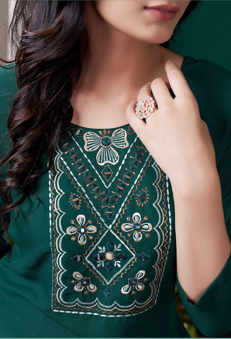 Dark Green Maaza Cotton Handwork with Pocket Causal Kurti