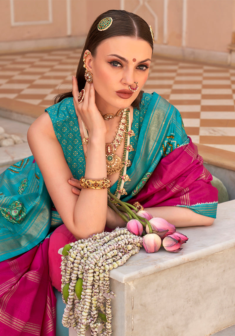 Rani Pink & Aqua Blue Silk Foil Print Patola Saree