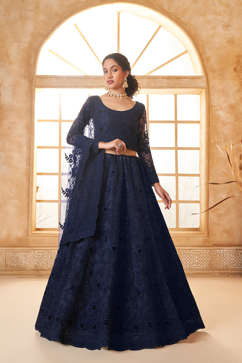 Navy Blue Net Embroidered Designer Bridal Lehenga Choli