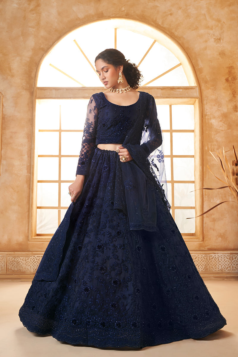 Navy Blue Net Embroidered Designer Bridal Lehenga Choli