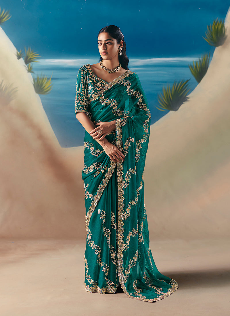 Dark Green Premium Fancy Fabric With Designer Embroidery Sequince Work Saree