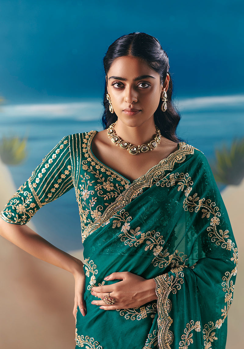 Dark Green Premium Fancy Fabric With Designer Embroidery Sequince Work Saree