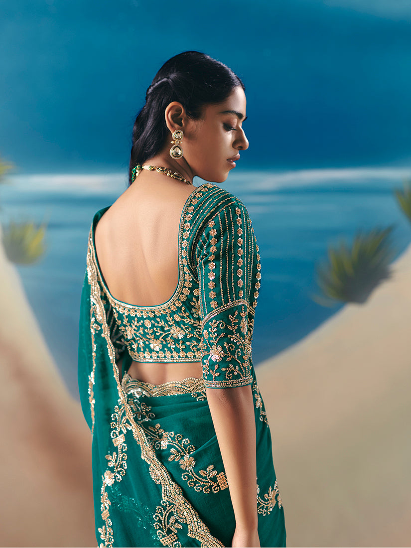 Dark Green Premium Fancy Fabric With Designer Embroidery Sequince Work Saree