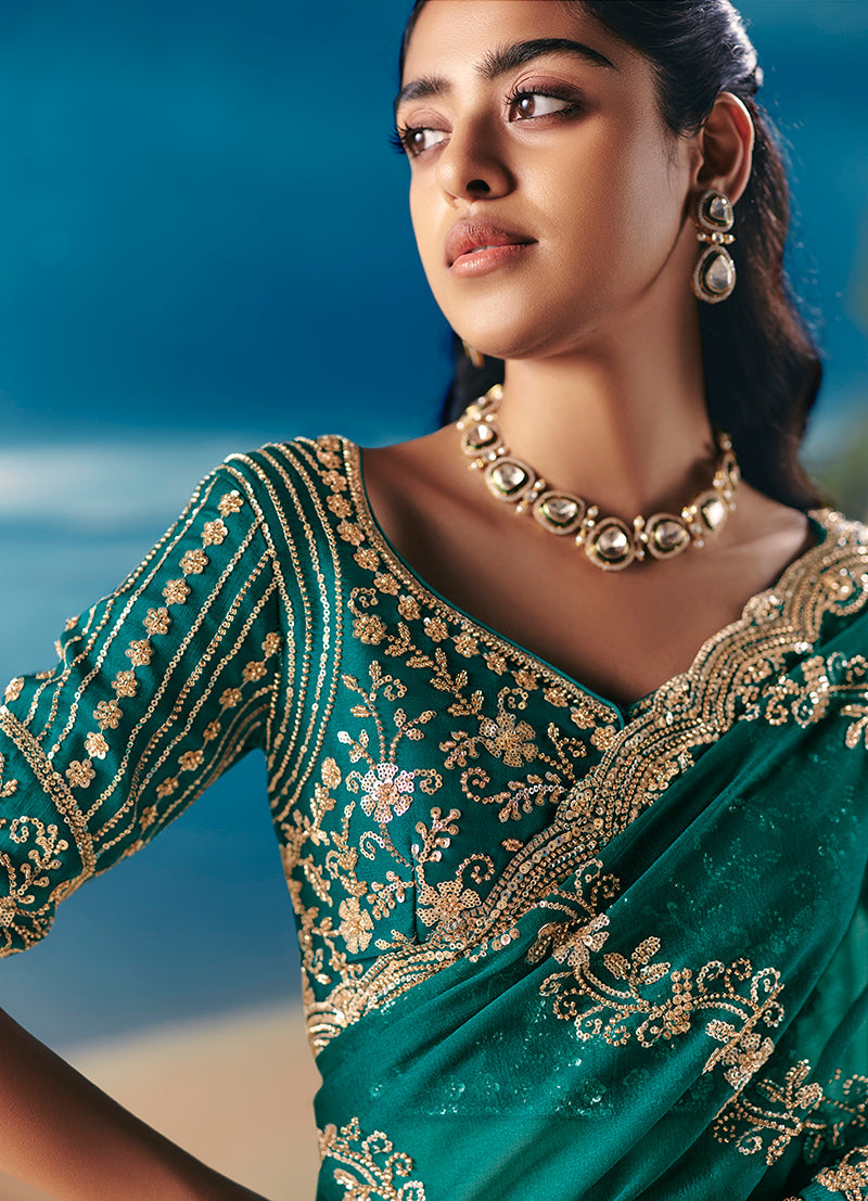 Dark Green Premium Fancy Fabric With Designer Embroidery Sequince Work Saree