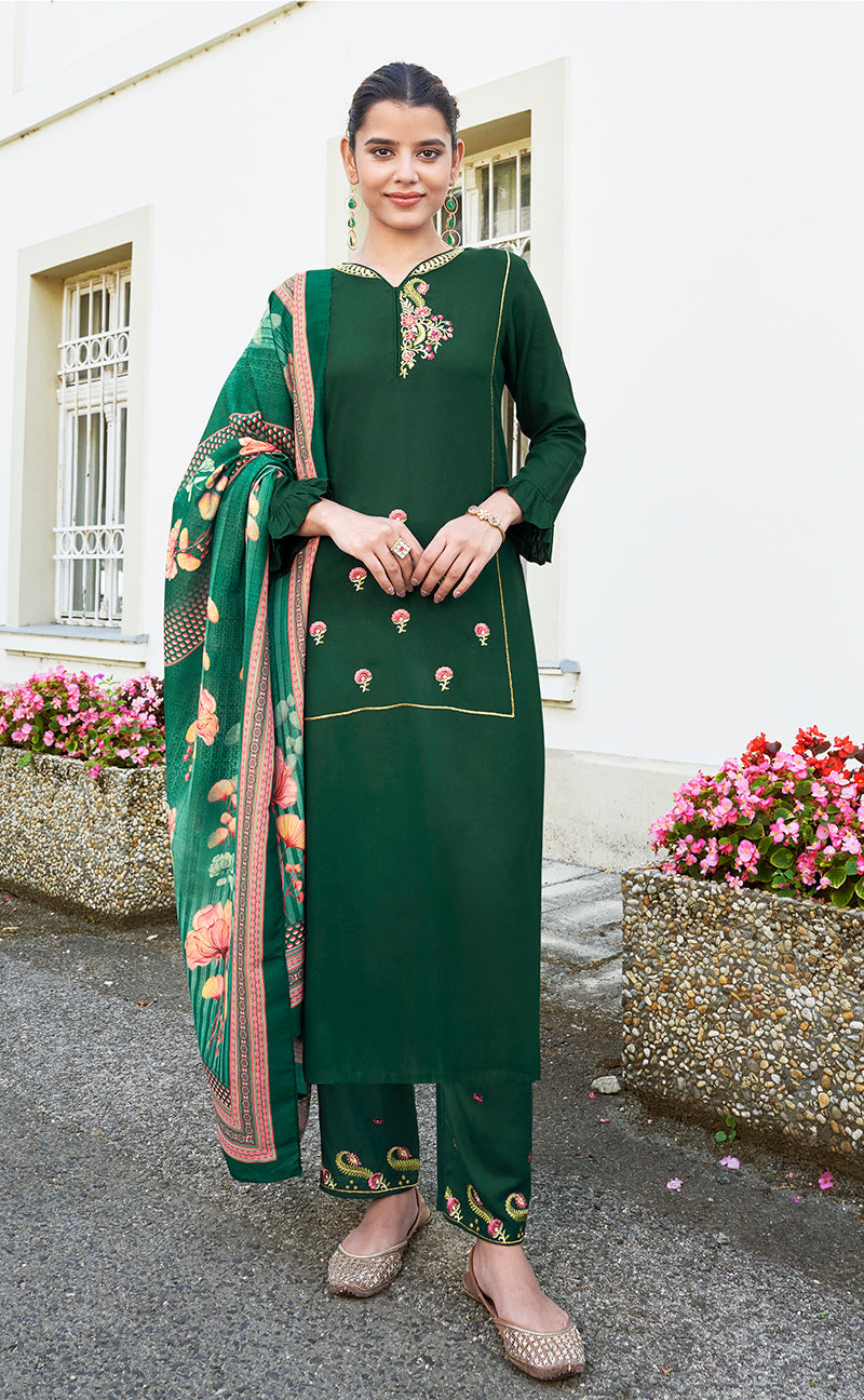 Dark Green Rayon Embroidered Designer Salwar Suit