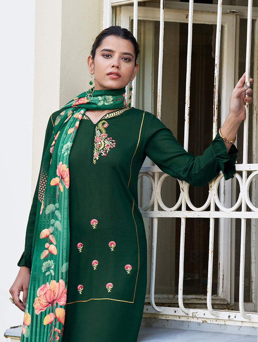 Dark Green Rayon Embroidered Designer Salwar Suit