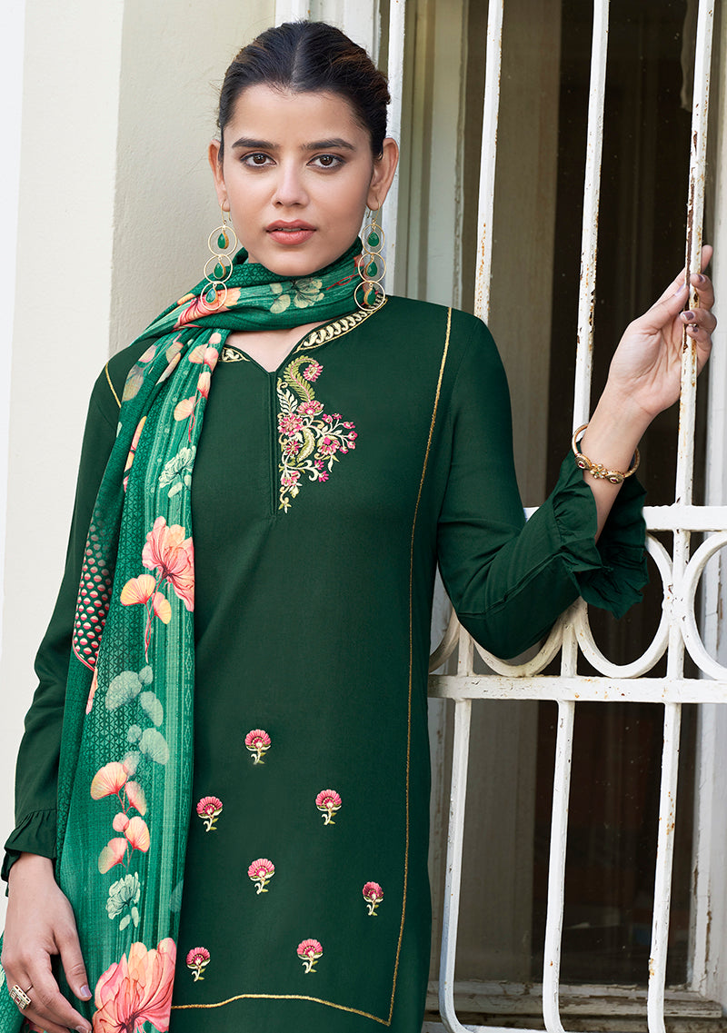 Dark Green Rayon Embroidered Designer Salwar Suit