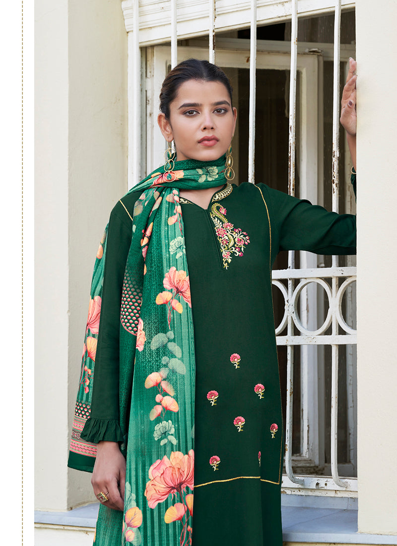Dark Green Rayon Embroidered Designer Salwar Suit