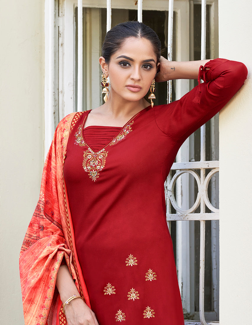 Red Rayon Embroidered Designer Salwar Suit With Maslin Dupatta