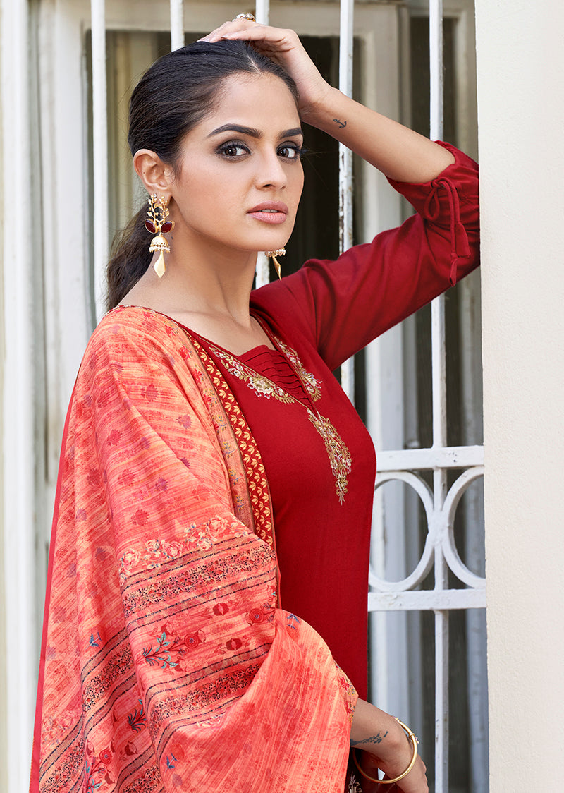 Red Rayon Embroidered Designer Salwar Suit With Maslin Dupatta