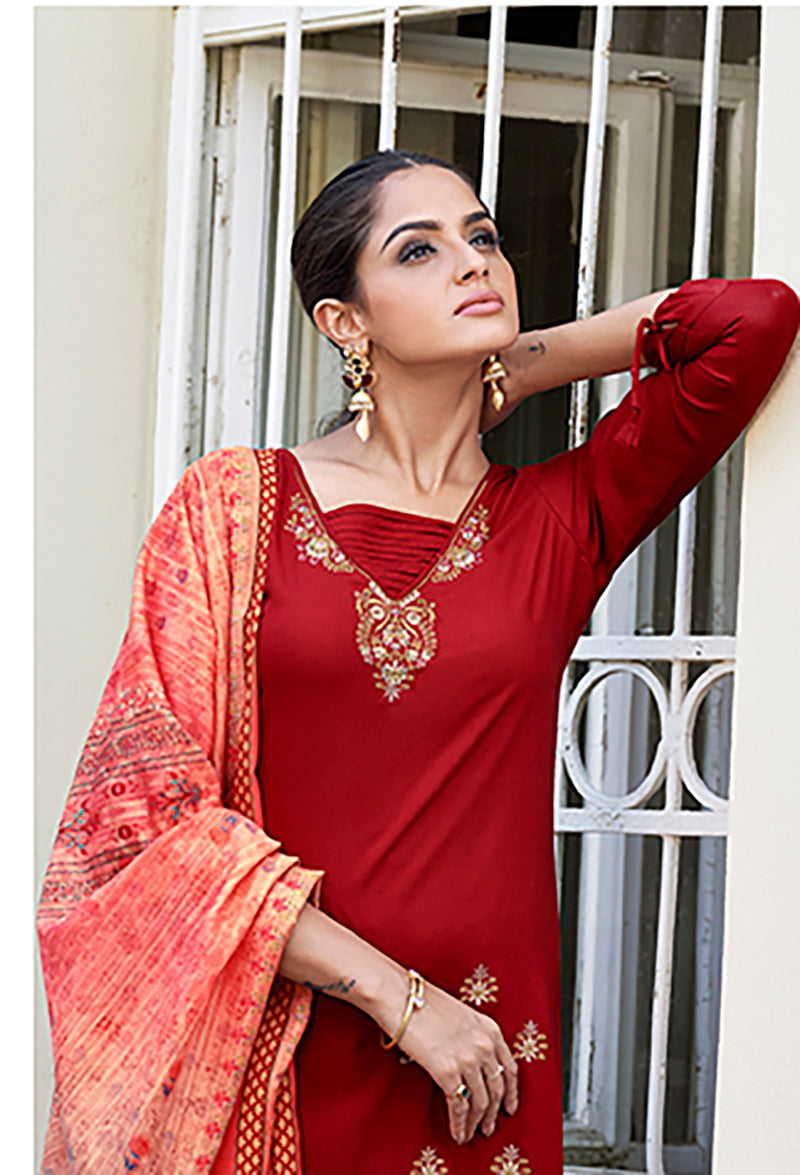 Red Rayon Embroidered Designer Salwar Suit With Maslin Dupatta