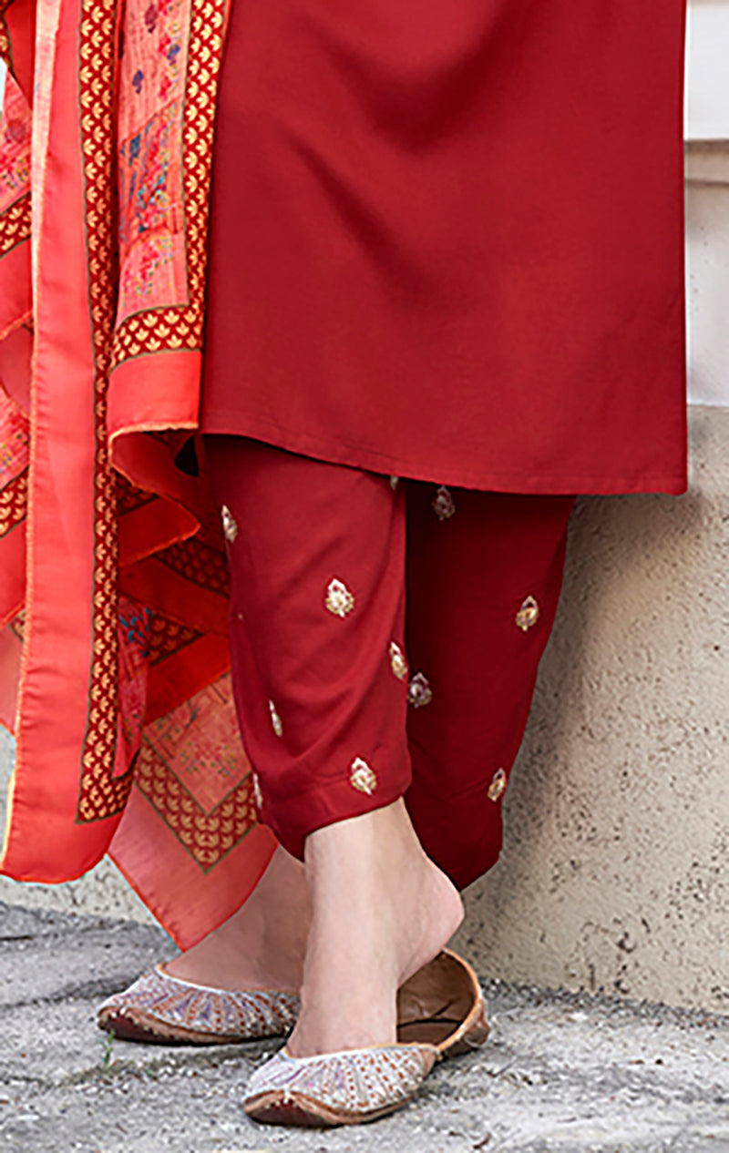 Red Rayon Embroidered Designer Salwar Suit With Maslin Dupatta