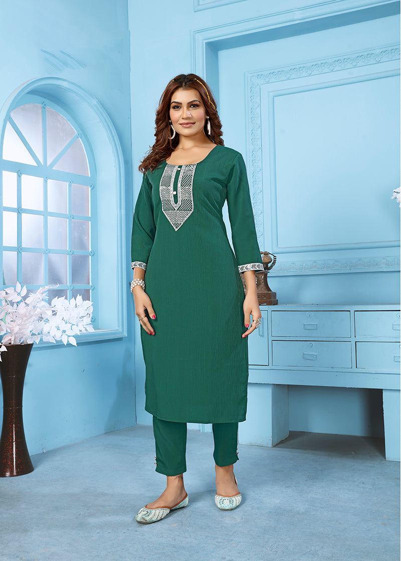 Dark Green Rinkal Cotton with Embroidered Work Kurti With Pant