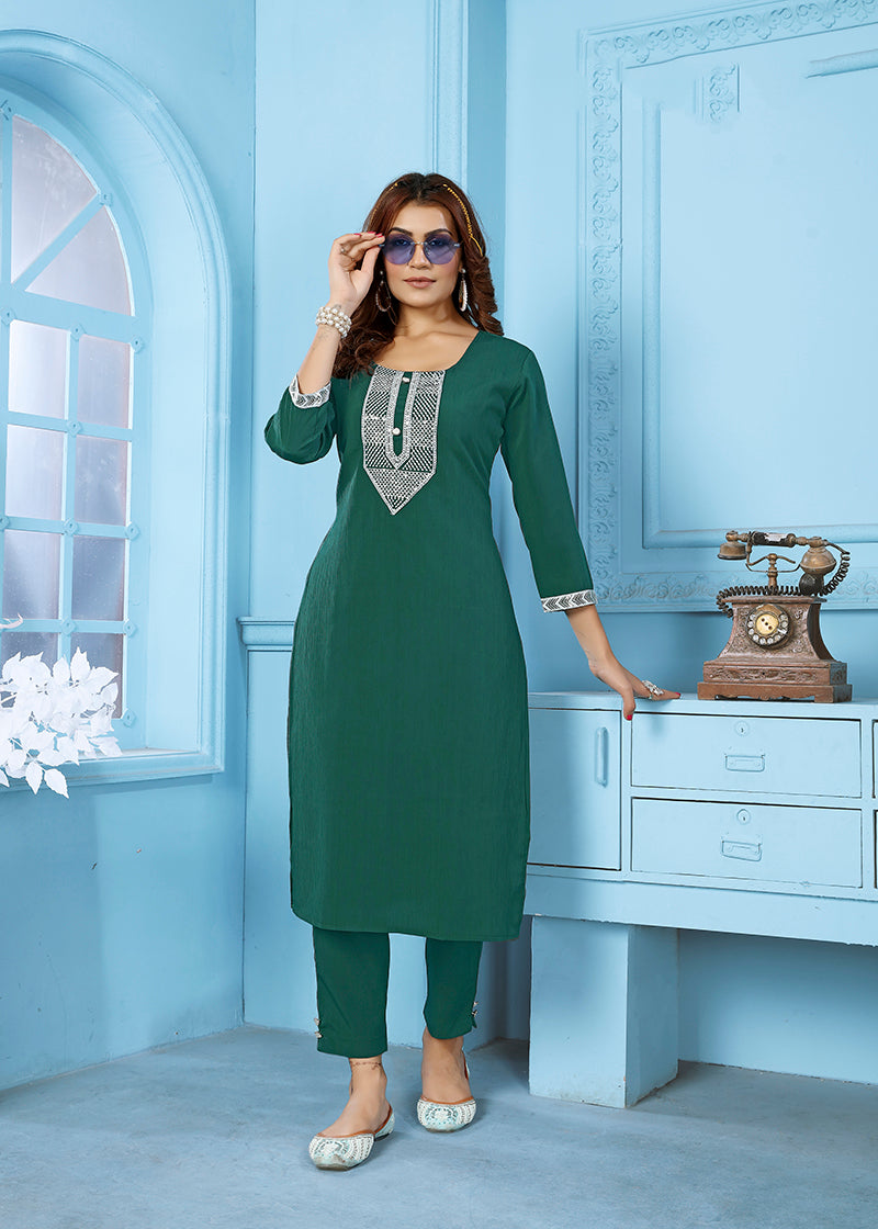 Dark Green Rinkal Cotton with Embroidered Work Kurti With Pant