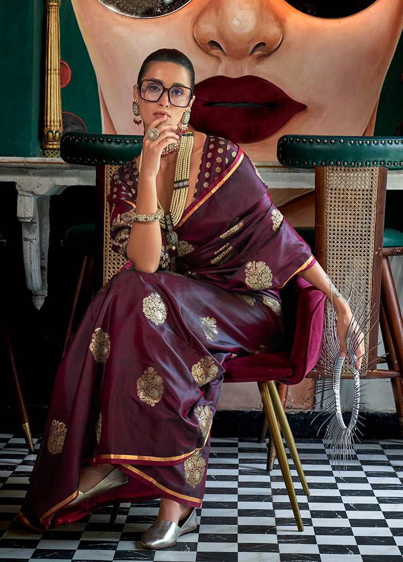 Wine Satin Silk Saree with Intricate Zari Work