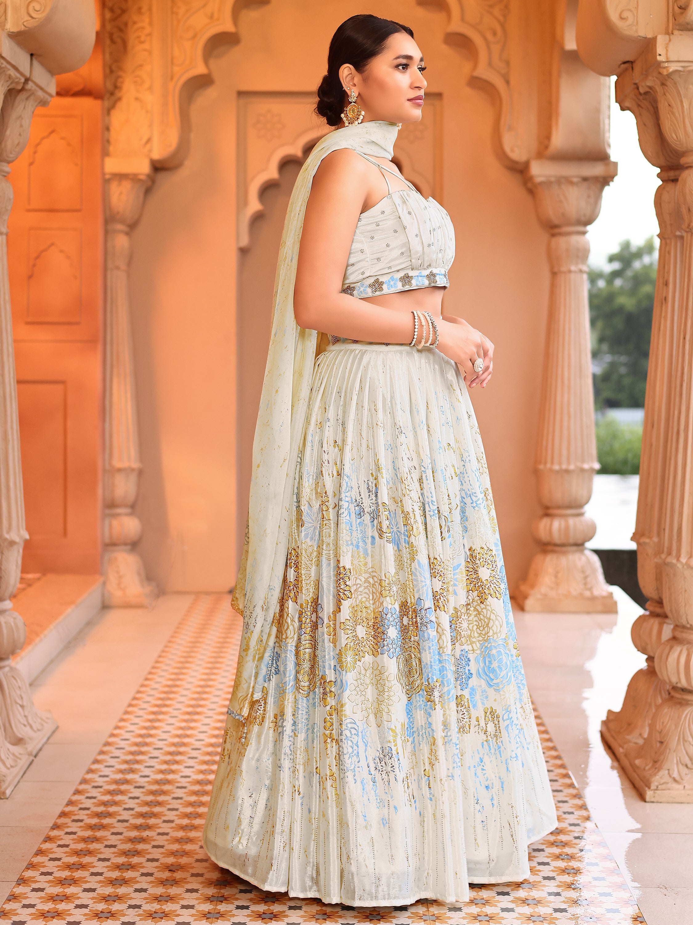 Cream Printed Chinon Lehenga with Sequin Glam