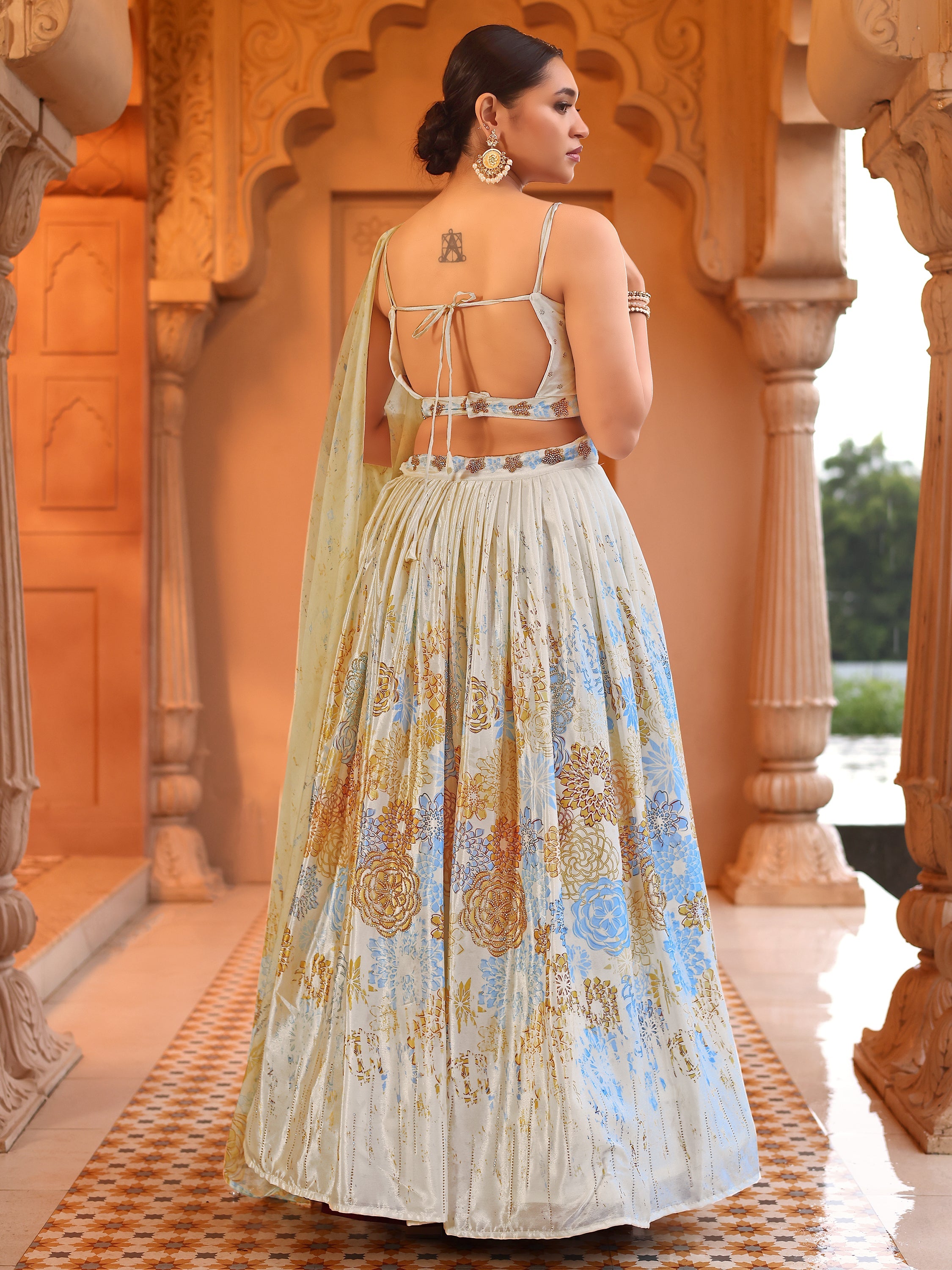 Cream Printed Chinon Lehenga with Sequin Glam