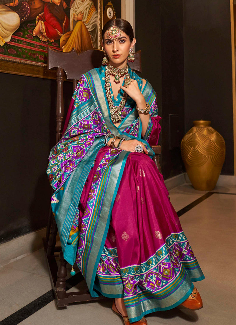 Rani Pink Silk Patola Print Designer Saree