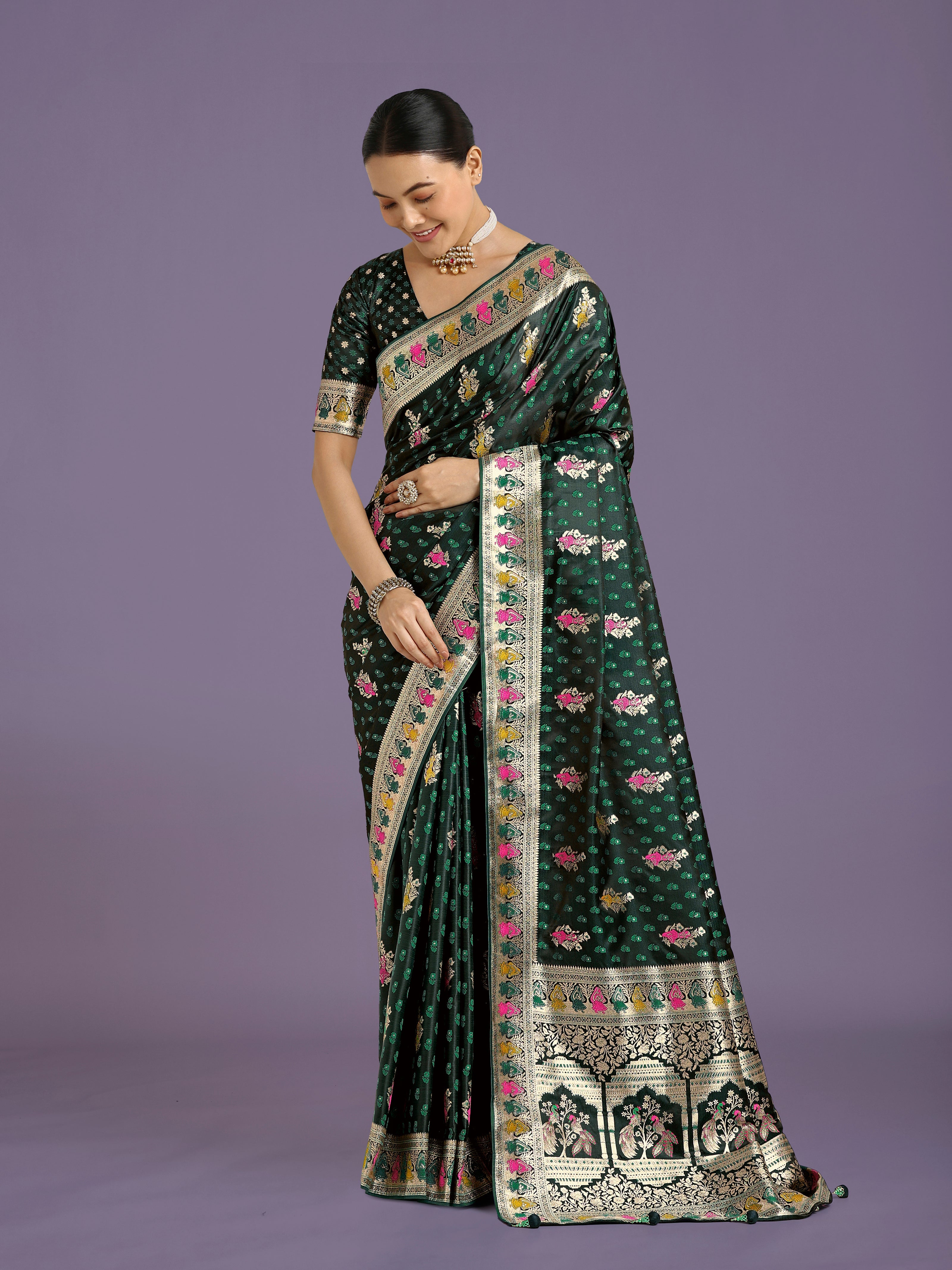 Dark Green With Gold Bordar Banarasi Zari Woven Satin Saree