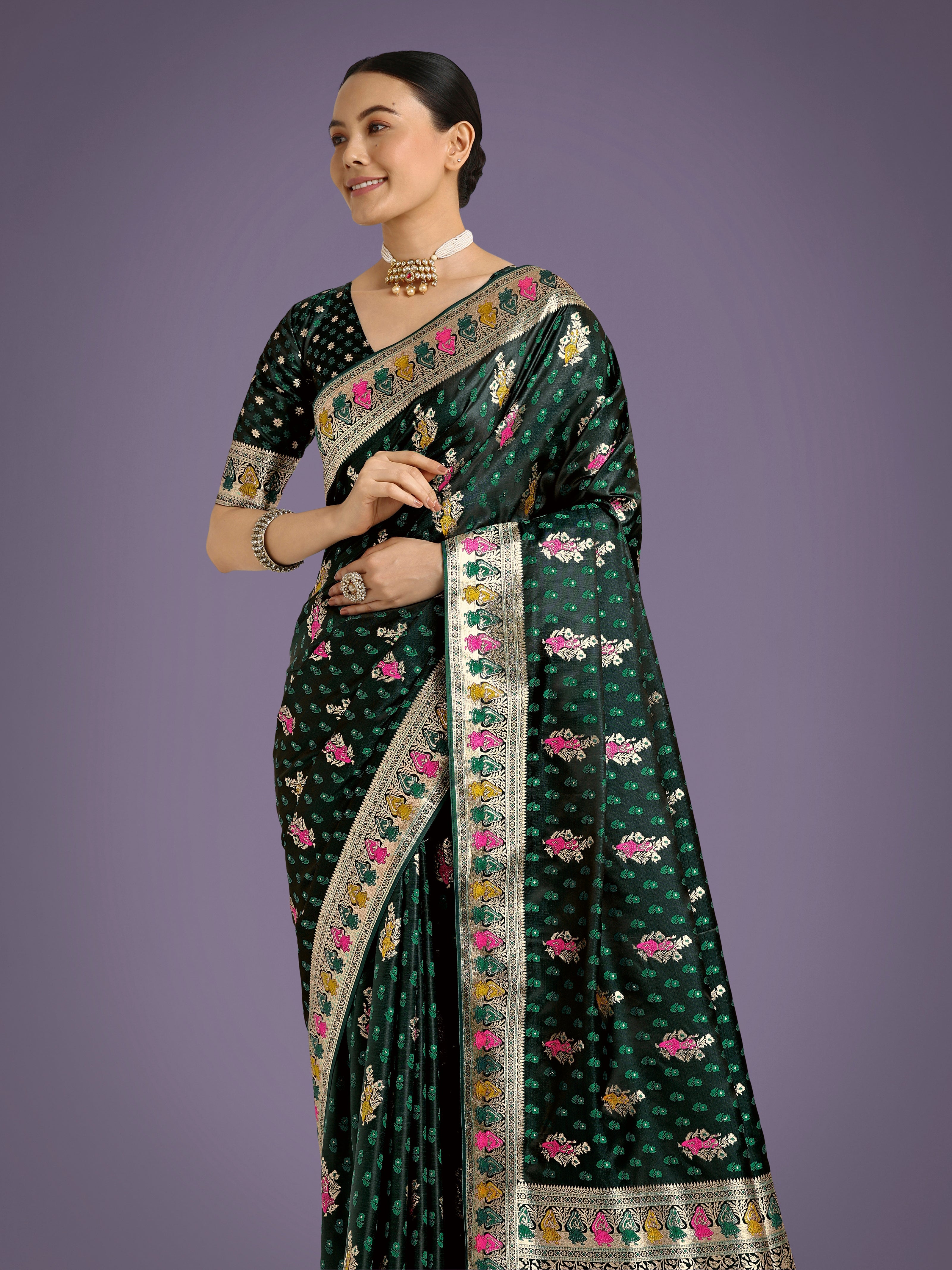 Dark Green With Gold Bordar Banarasi Zari Woven Satin Saree