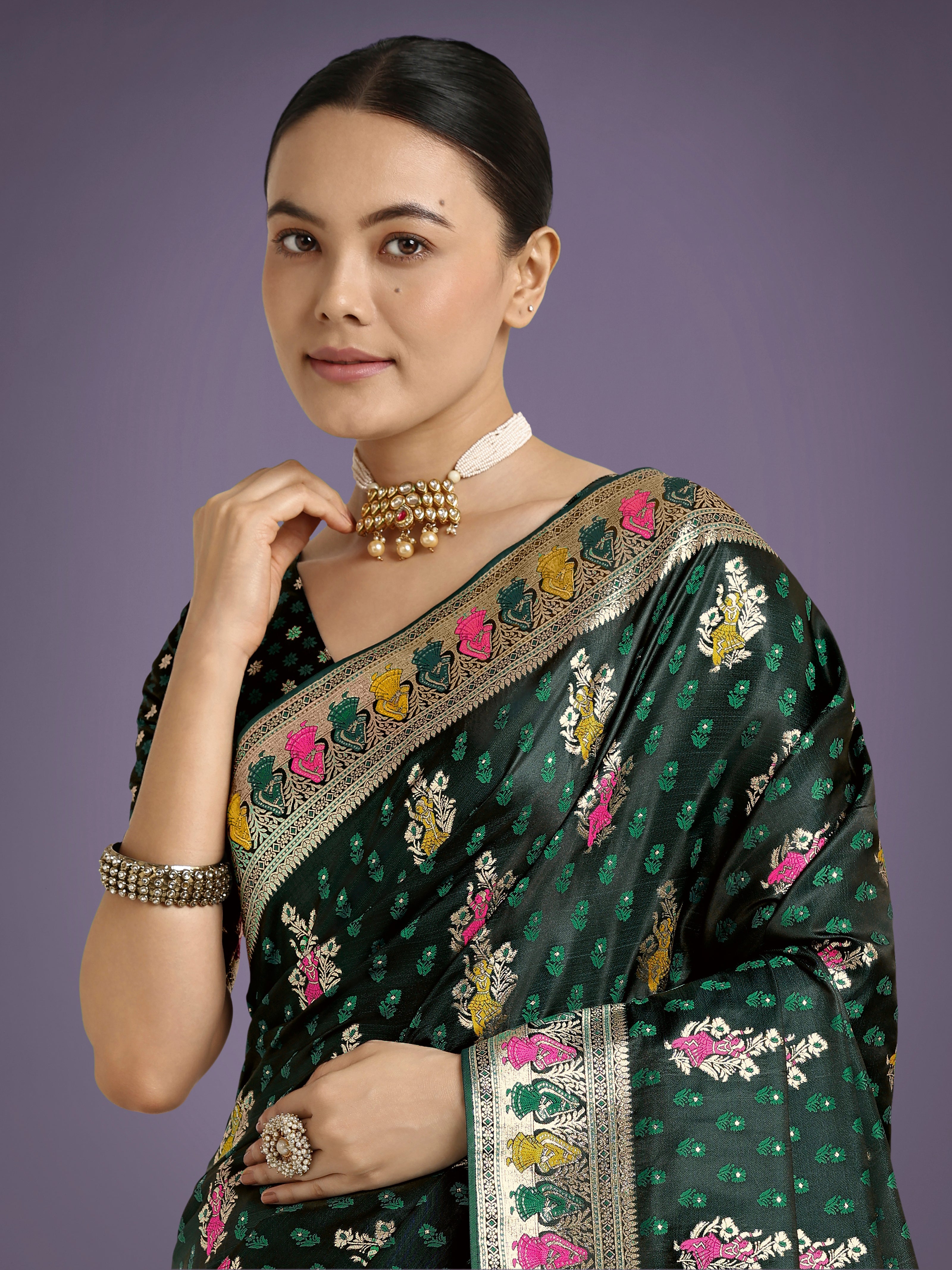 Dark Green With Gold Bordar Banarasi Zari Woven Satin Saree