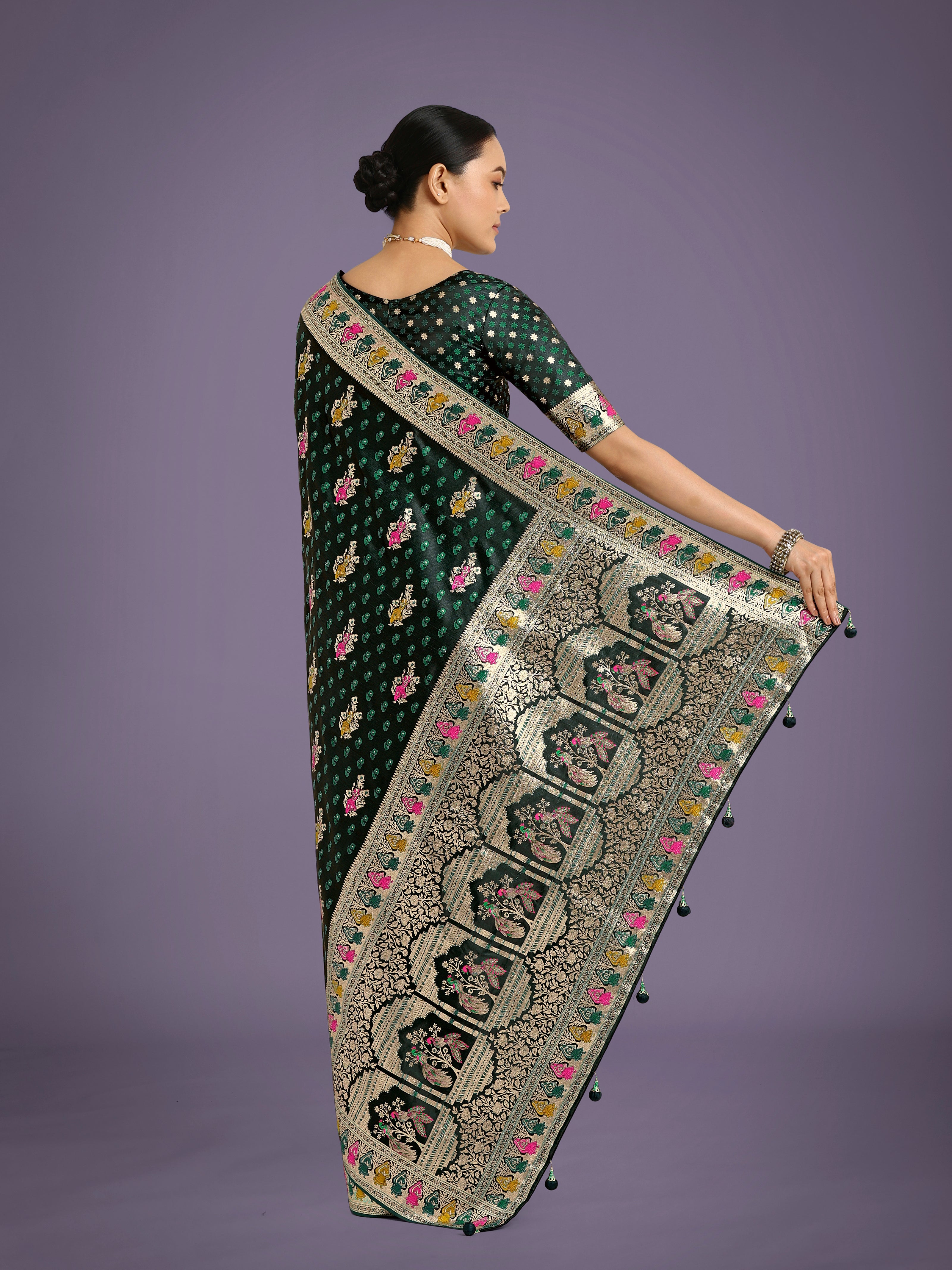 Dark Green With Gold Bordar Banarasi Zari Woven Satin Saree