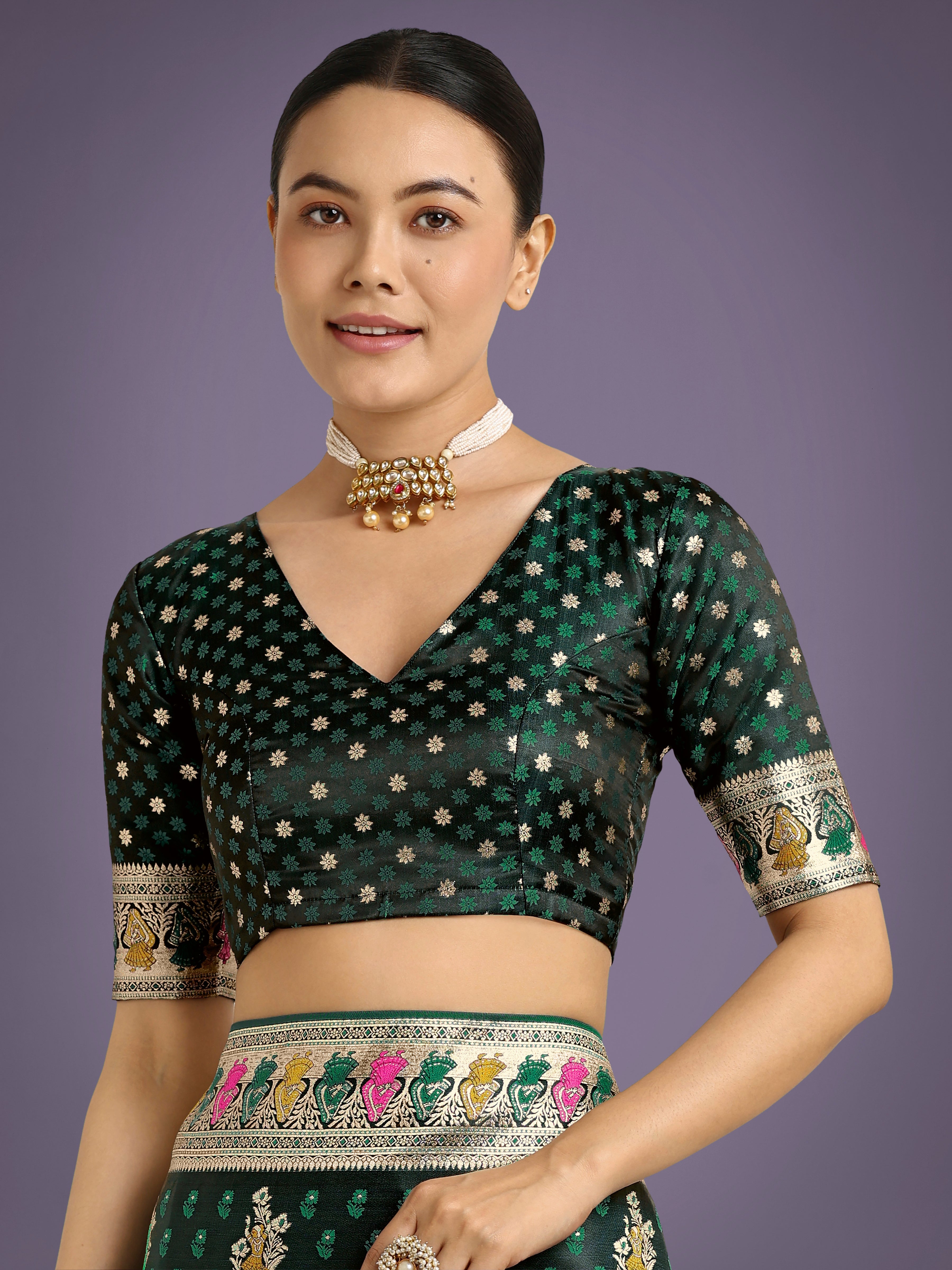 Dark Green With Gold Bordar Banarasi Zari Woven Satin Saree