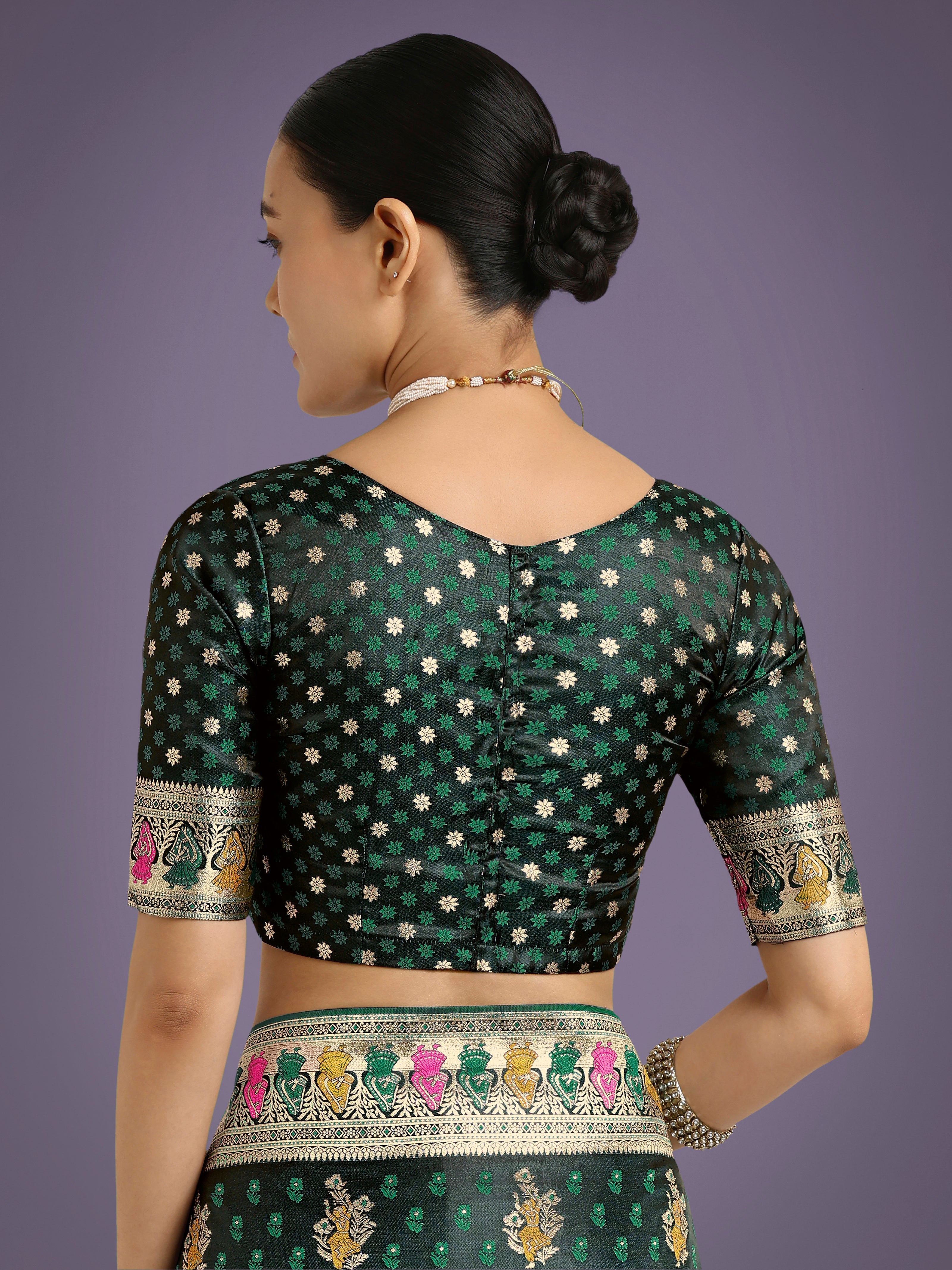 Dark Green With Gold Bordar Banarasi Zari Woven Satin Saree