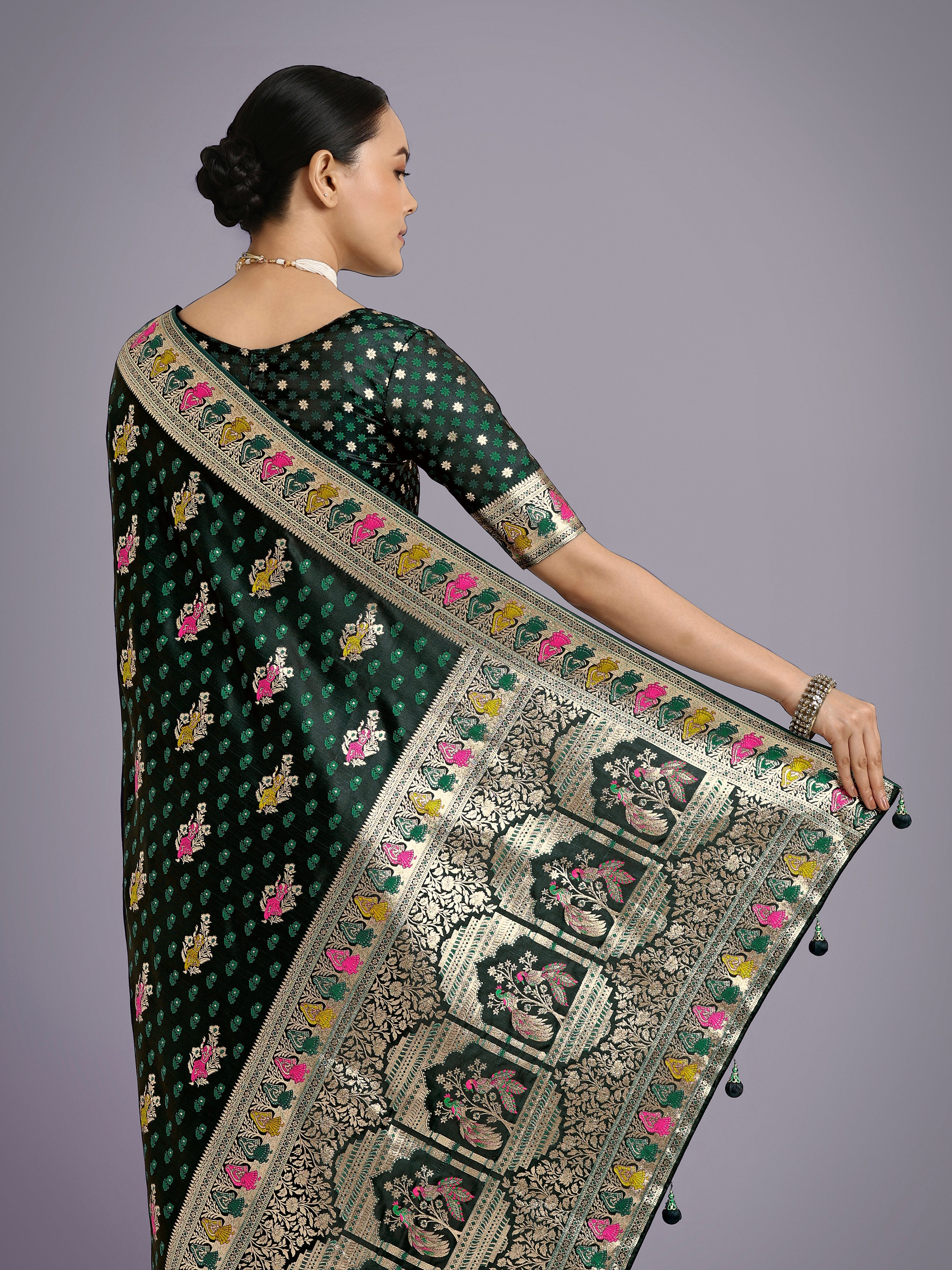 Dark Green With Gold Bordar Banarasi Zari Woven Satin Saree