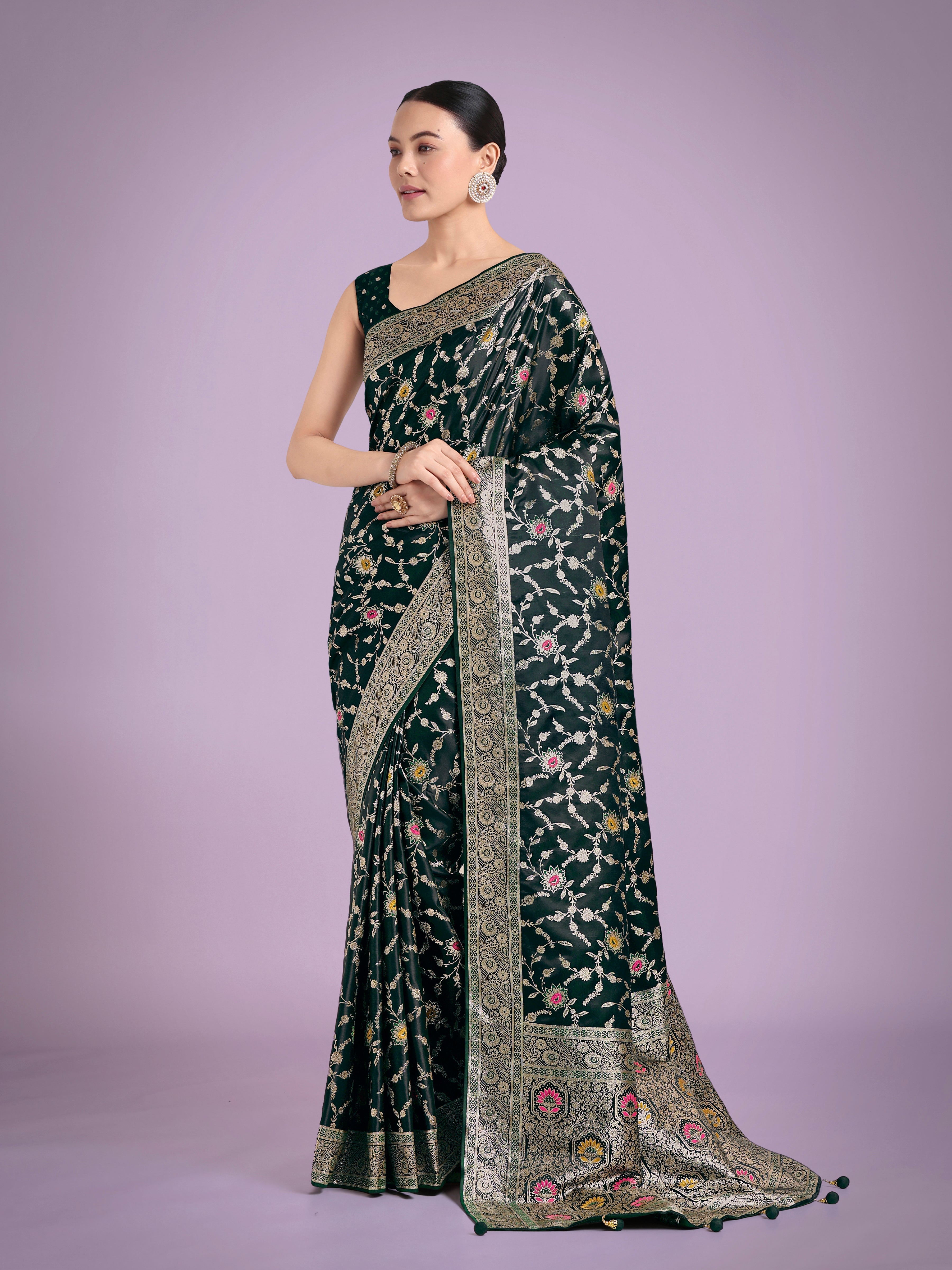 Dark Green Zari Woven Banarasi Classic Satin Silk Saree