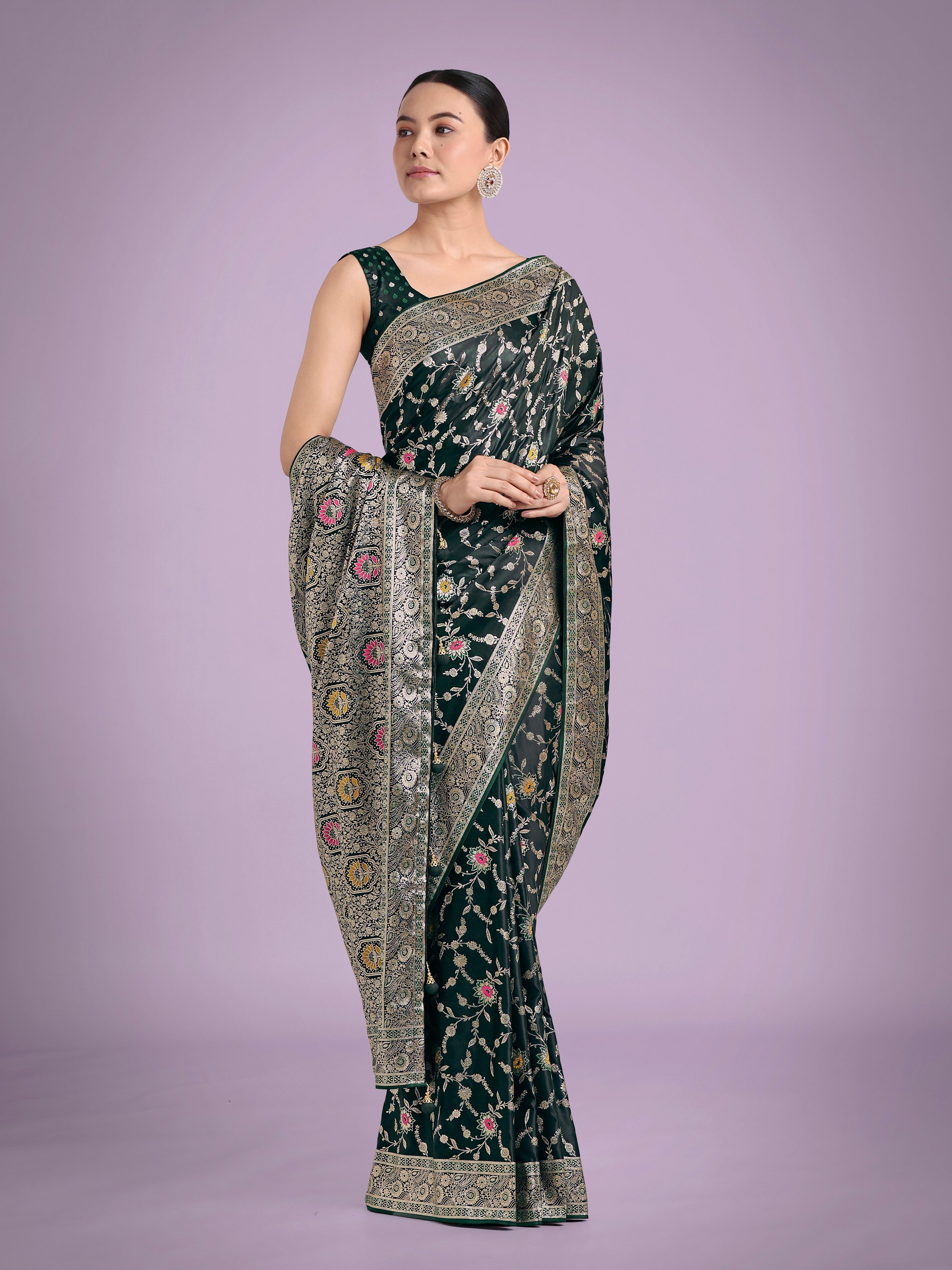 Dark Green Zari Woven Banarasi Classic Satin Silk Saree