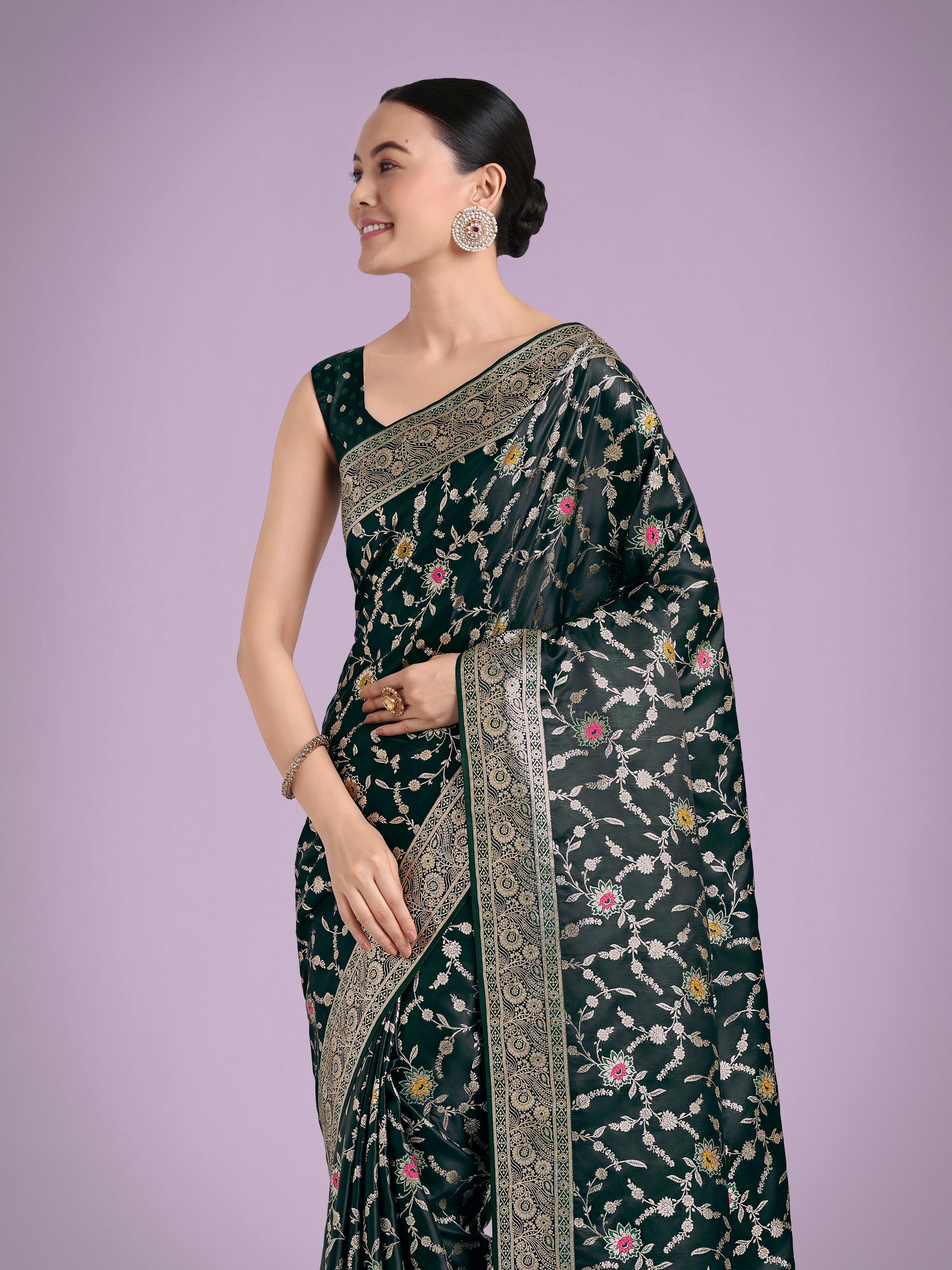 Dark Green Zari Woven Banarasi Classic Satin Silk Saree