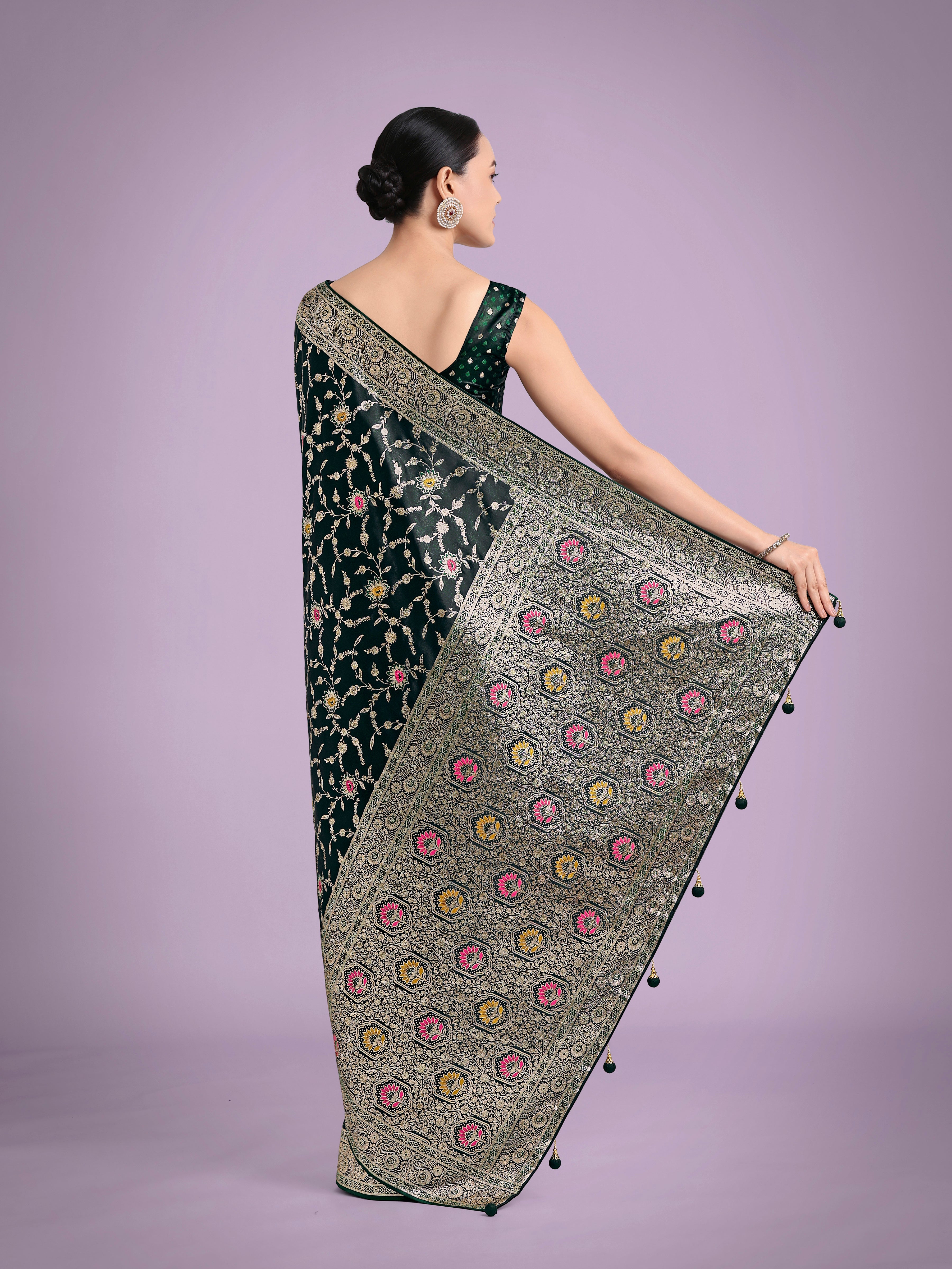 Dark Green Zari Woven Banarasi Classic Satin Silk Saree