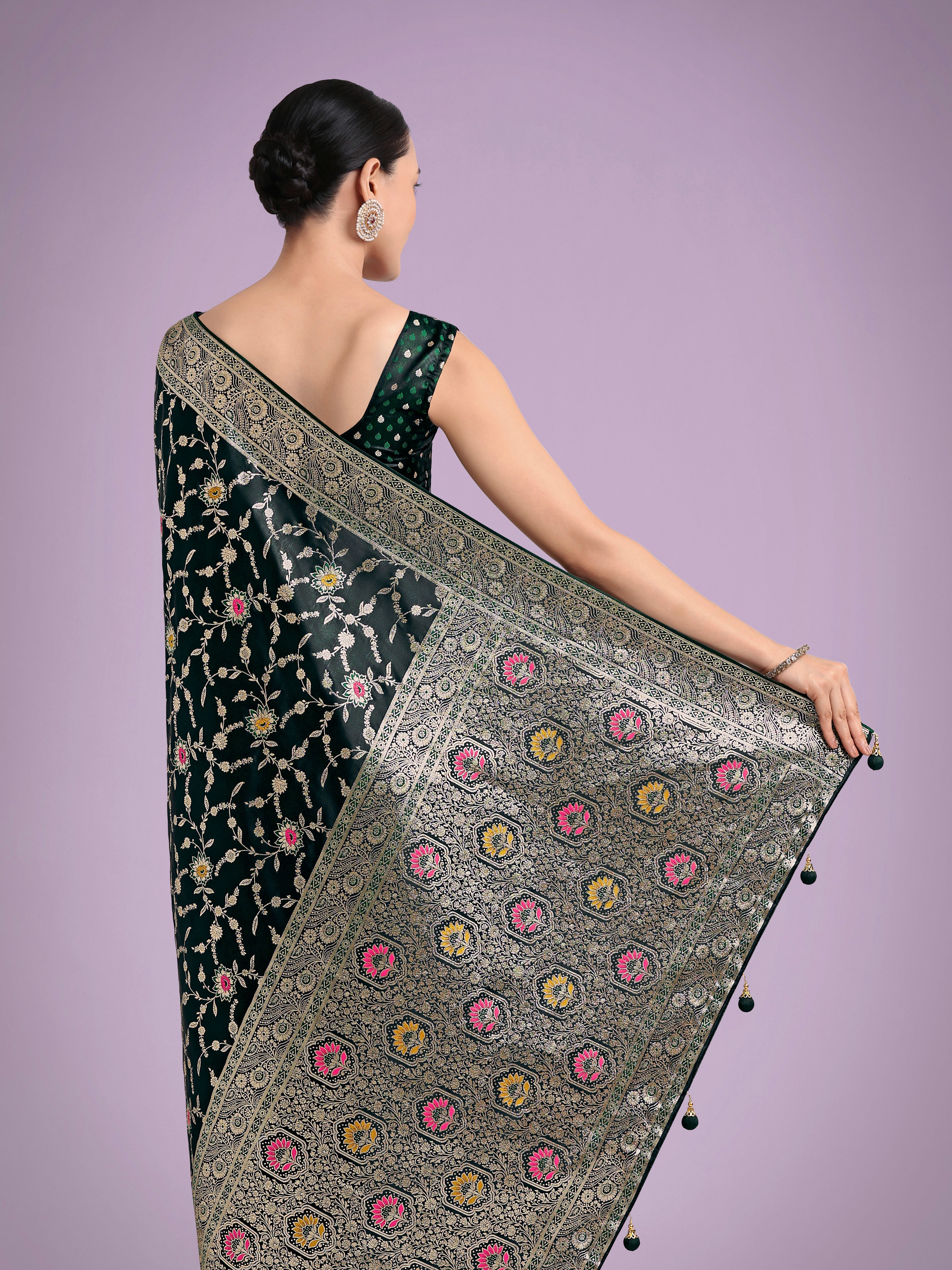 Dark Green Zari Woven Banarasi Classic Satin Silk Saree