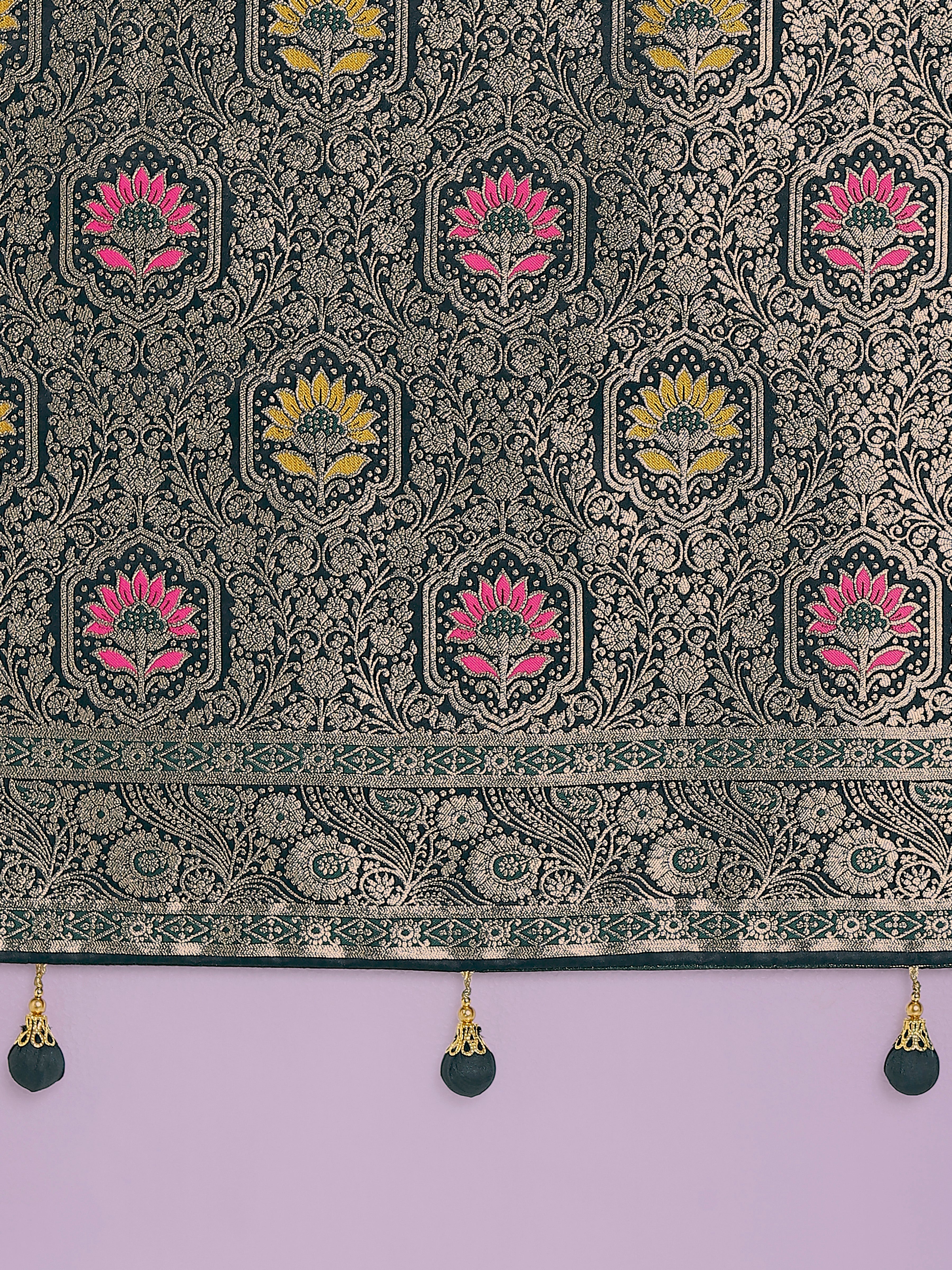 Dark Green Zari Woven Banarasi Classic Satin Silk Saree