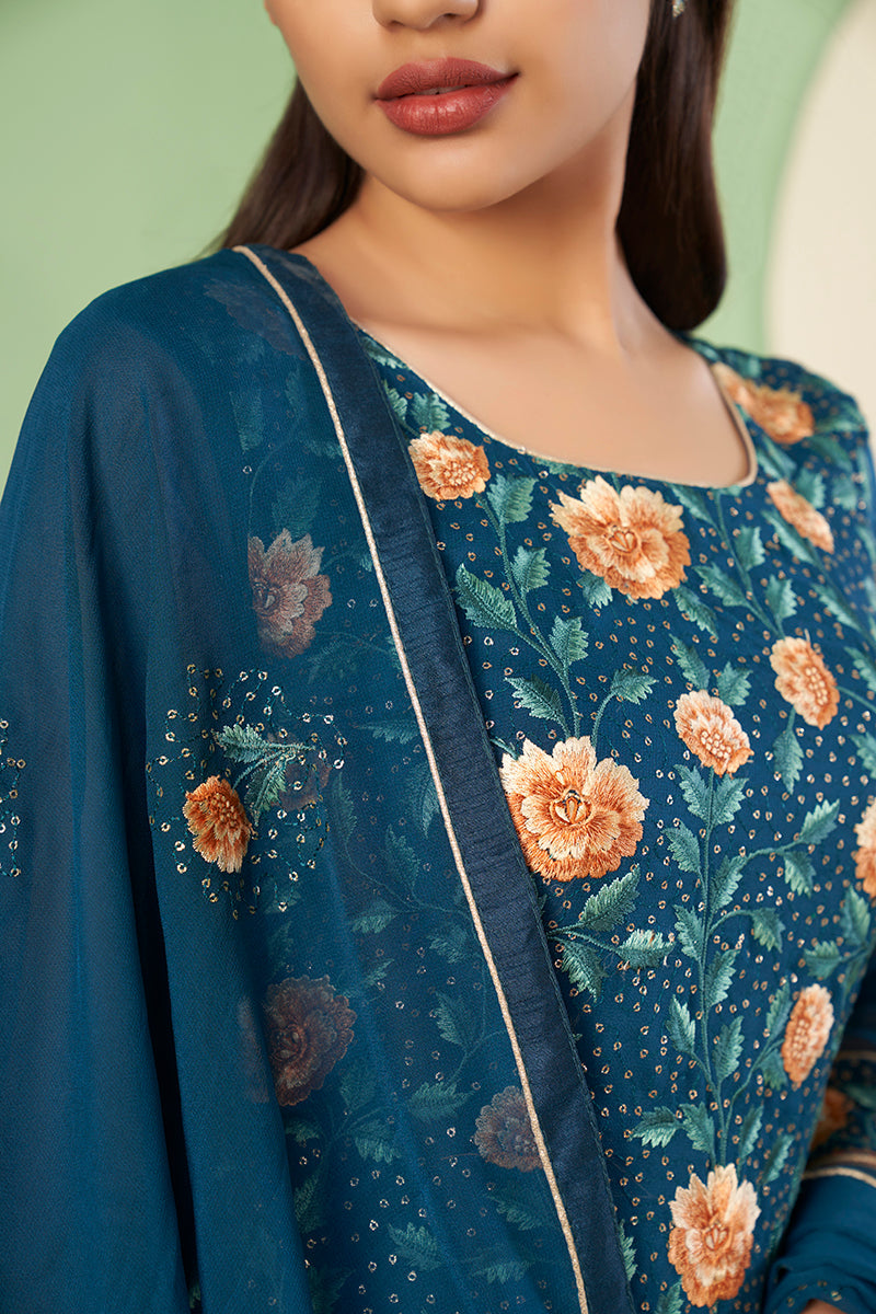 Teal Blue Georgette Embroidered Plazzo Salwar Kameez