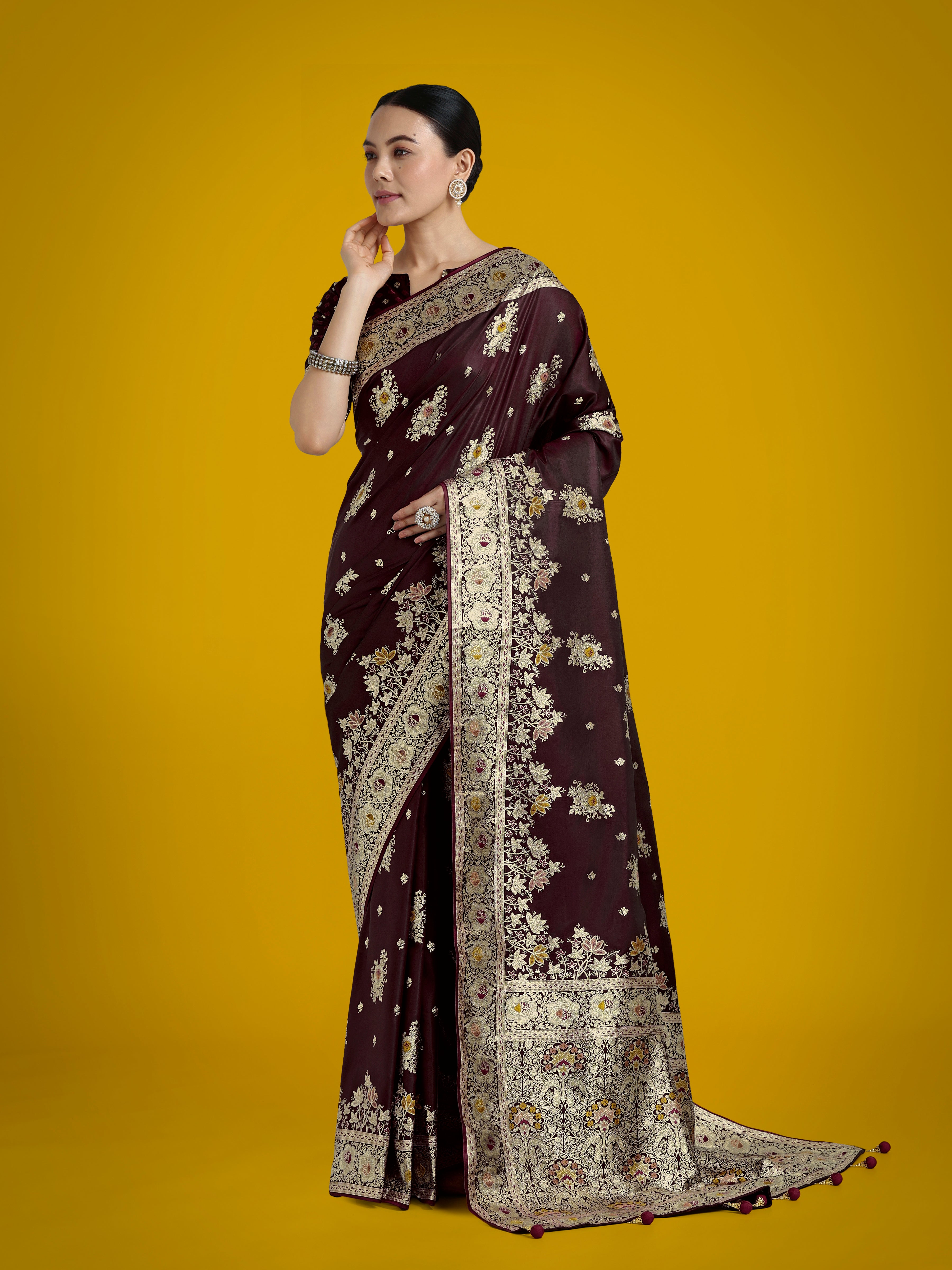 Dark Maroon Glamour and Tradition With This Zari Woven Banarasi Satin Silk Saree