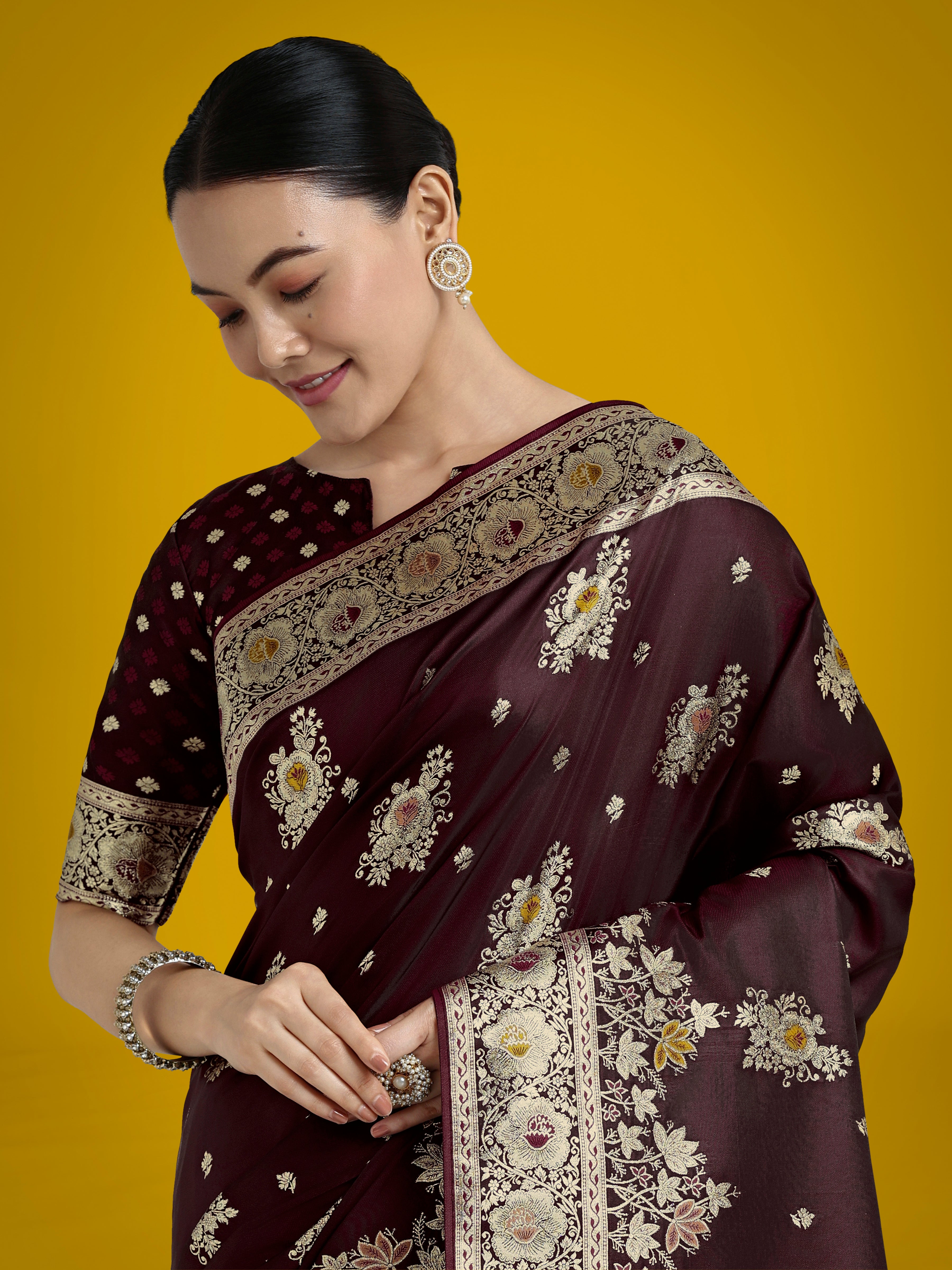Dark Maroon Glamour and Tradition With This Zari Woven Banarasi Satin Silk Saree