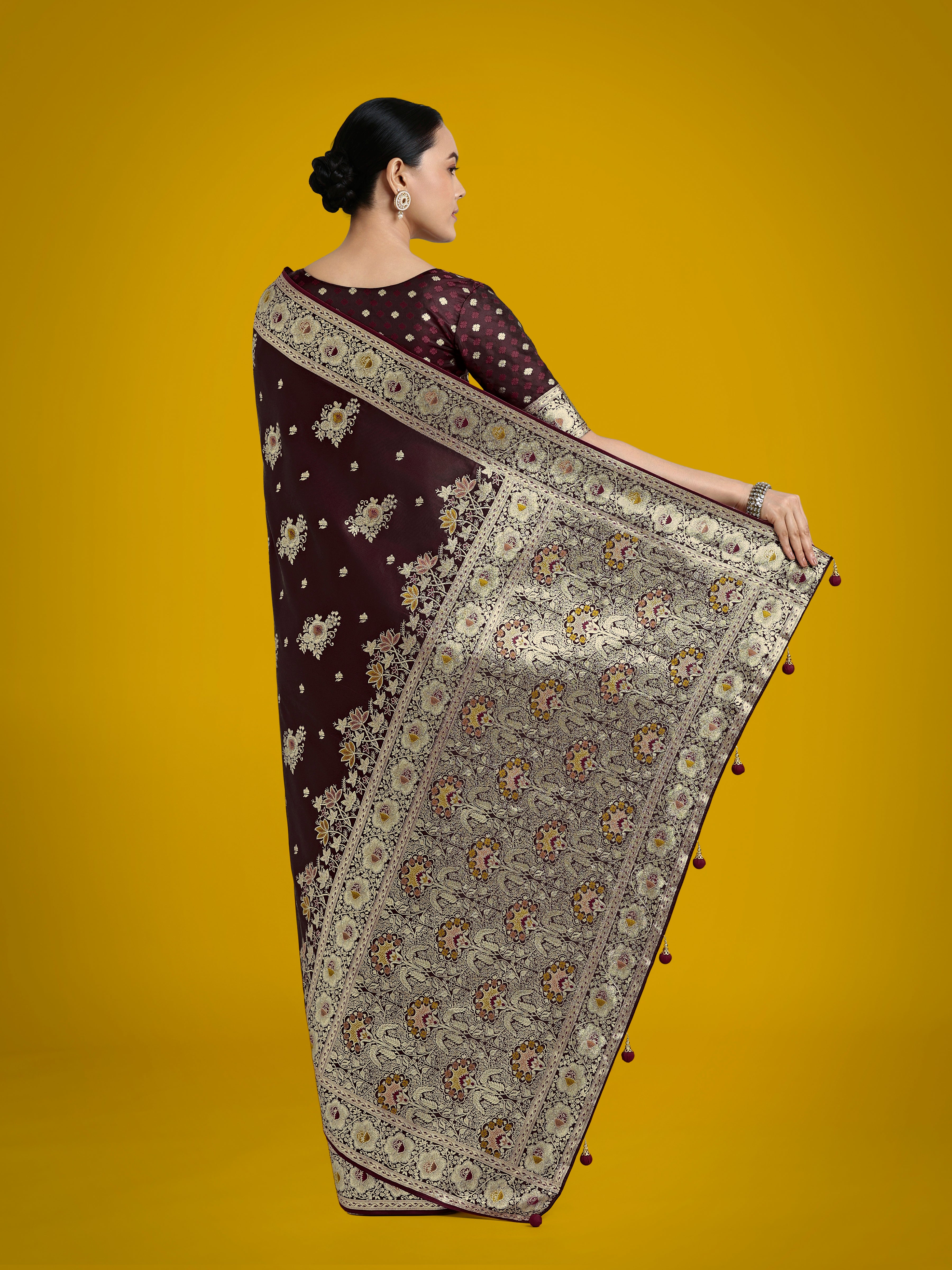 Dark Maroon Glamour and Tradition With This Zari Woven Banarasi Satin Silk Saree