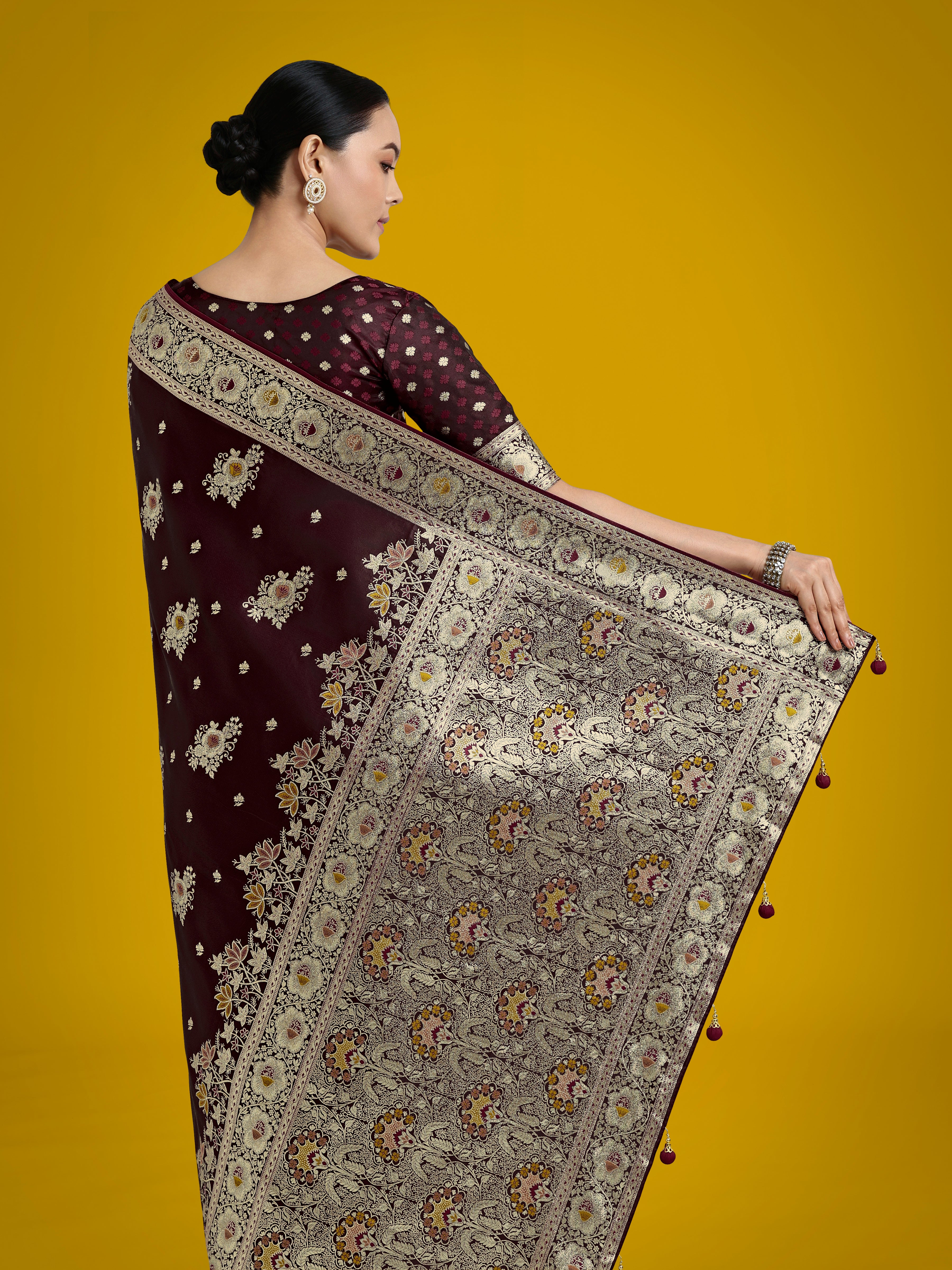 Dark Maroon Glamour and Tradition With This Zari Woven Banarasi Satin Silk Saree