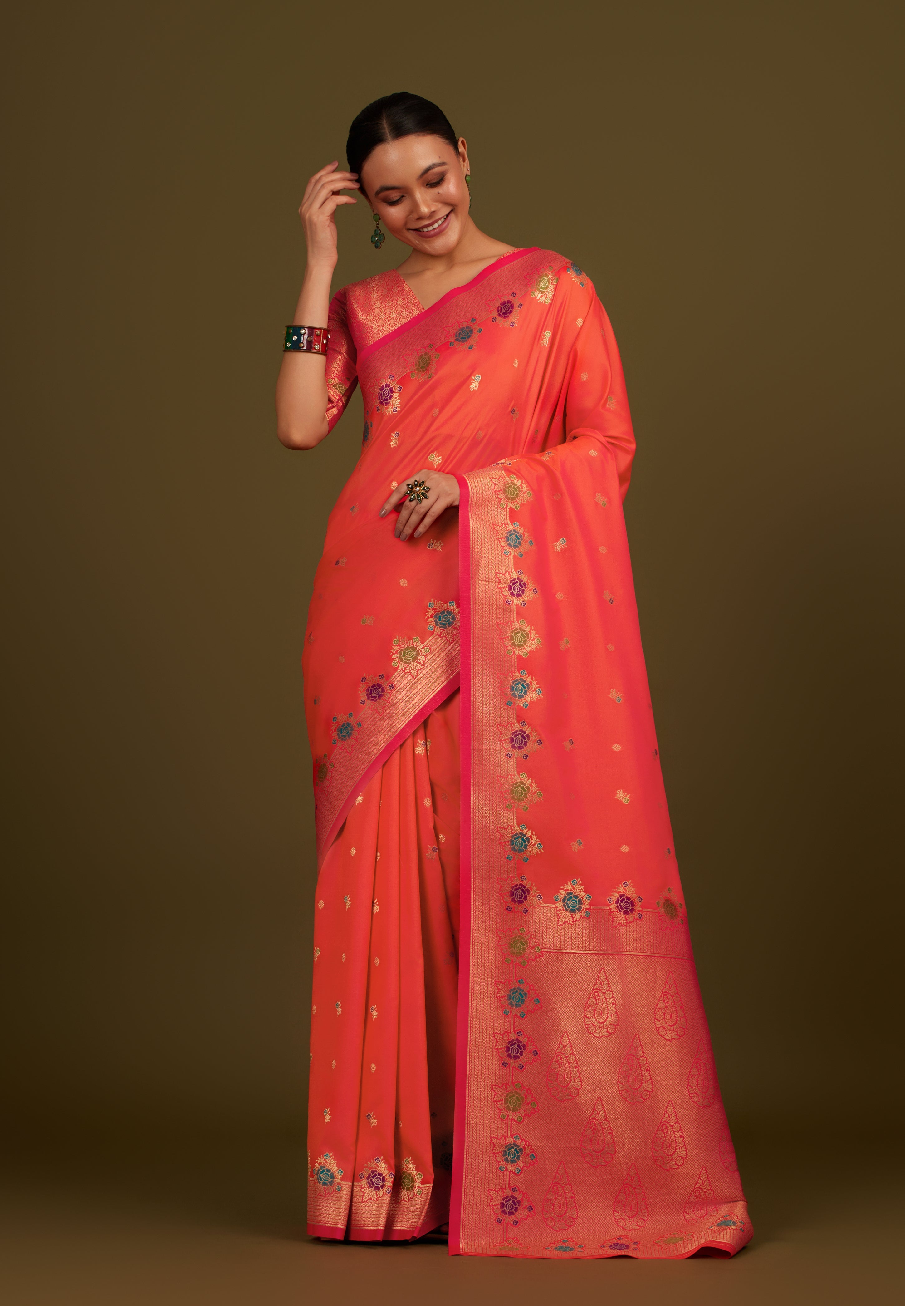Dark Peach Banarasi Silk Blend Zari Woven Saree