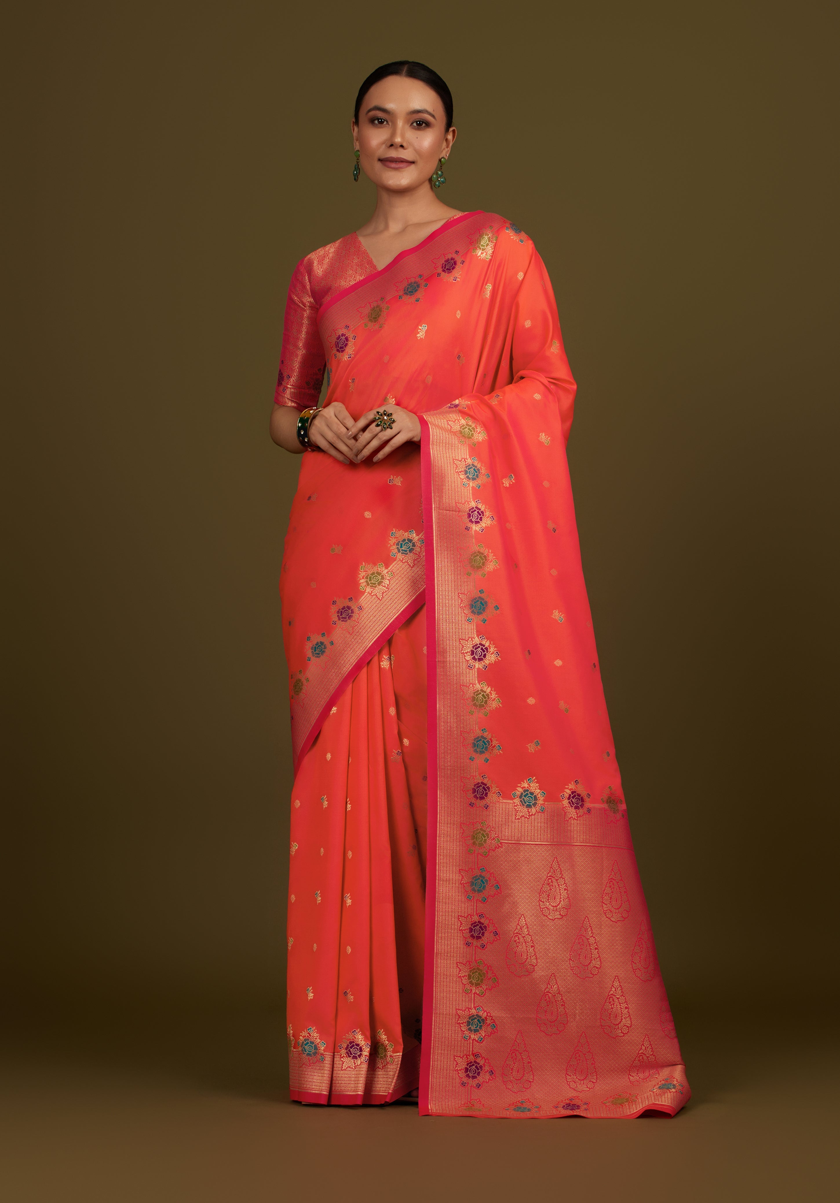 Dark Peach Banarasi Silk Blend Zari Woven Saree
