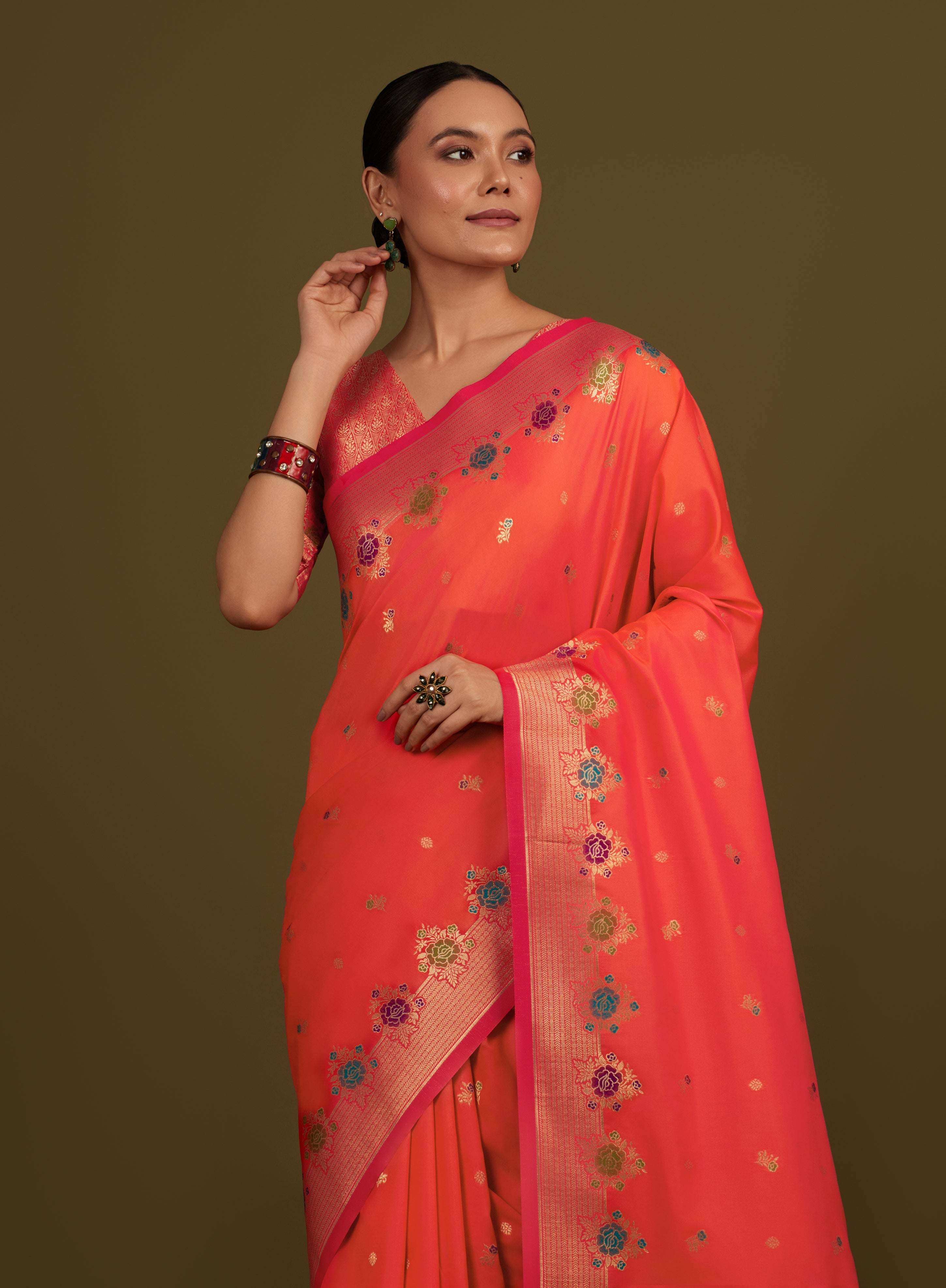 Dark Peach Banarasi Silk Blend Zari Woven Saree